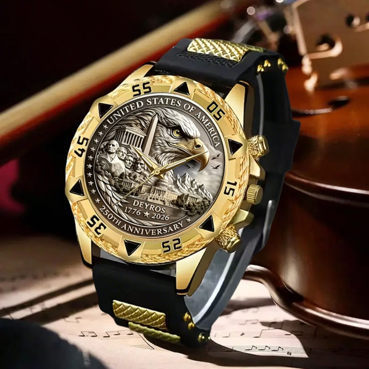 Men Luxury Quartz Watches 250Th USA Anniversary Eagle and Mount Rushmore Gift