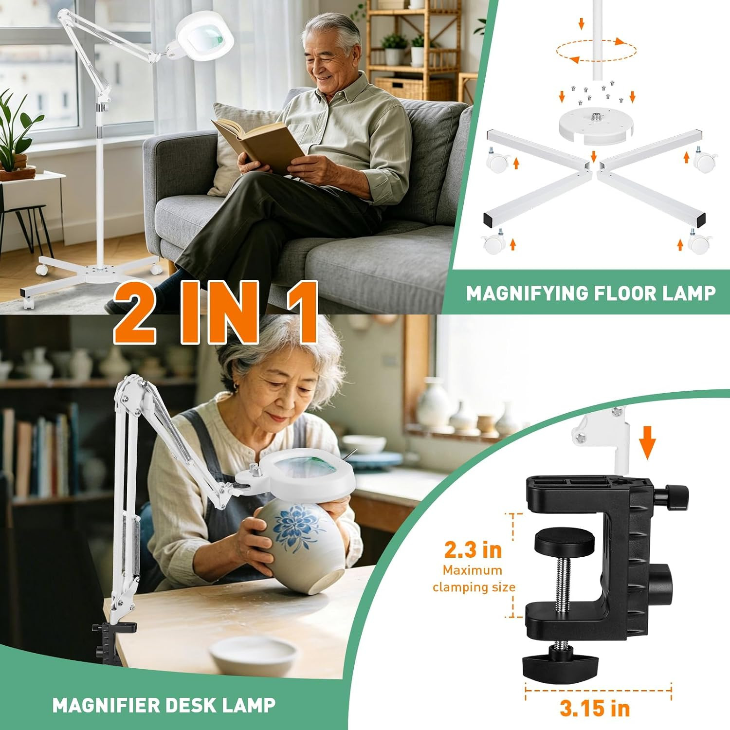 12X Floor Magnifying Glass with Light, 4 Wheel Stable Stand Base | Three-Axis Ro