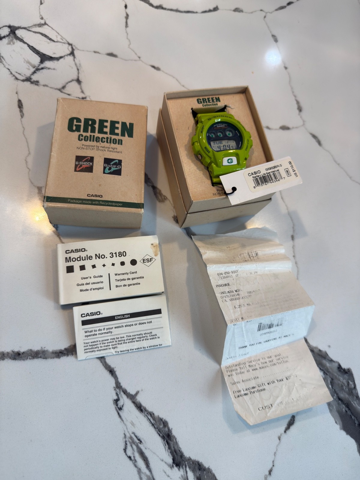 Casio G-Shock G-6900GR Lime hermit Green collection original box and receipt