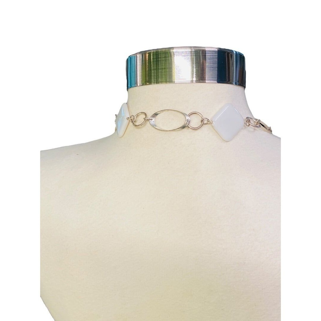 Silvertone and White Acrylic Square Necklace Overhead 34″ Lightweight