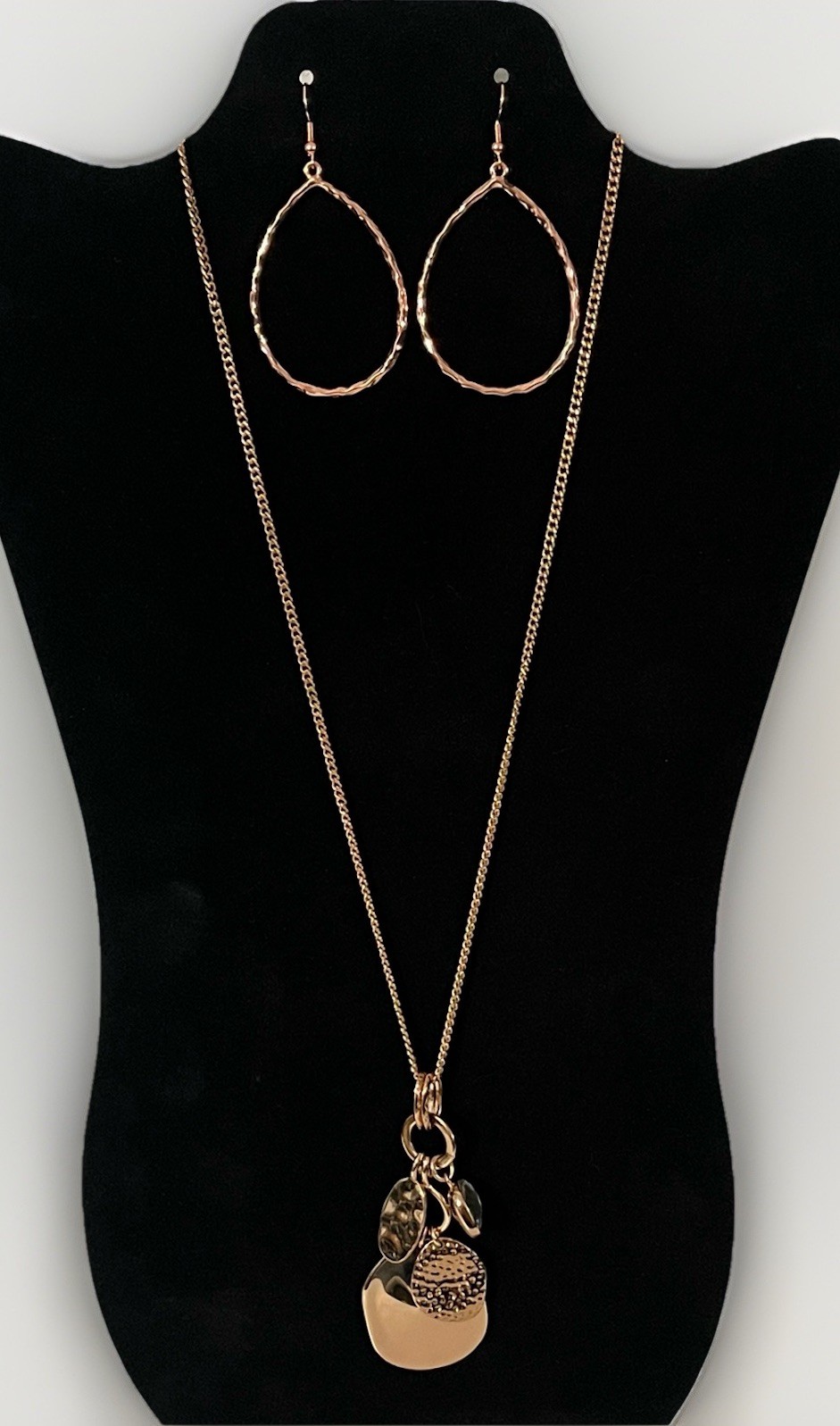 Rose Gold Layered Charm Necklace Teardrop Earrings Modern Minimalist Jewelry Set