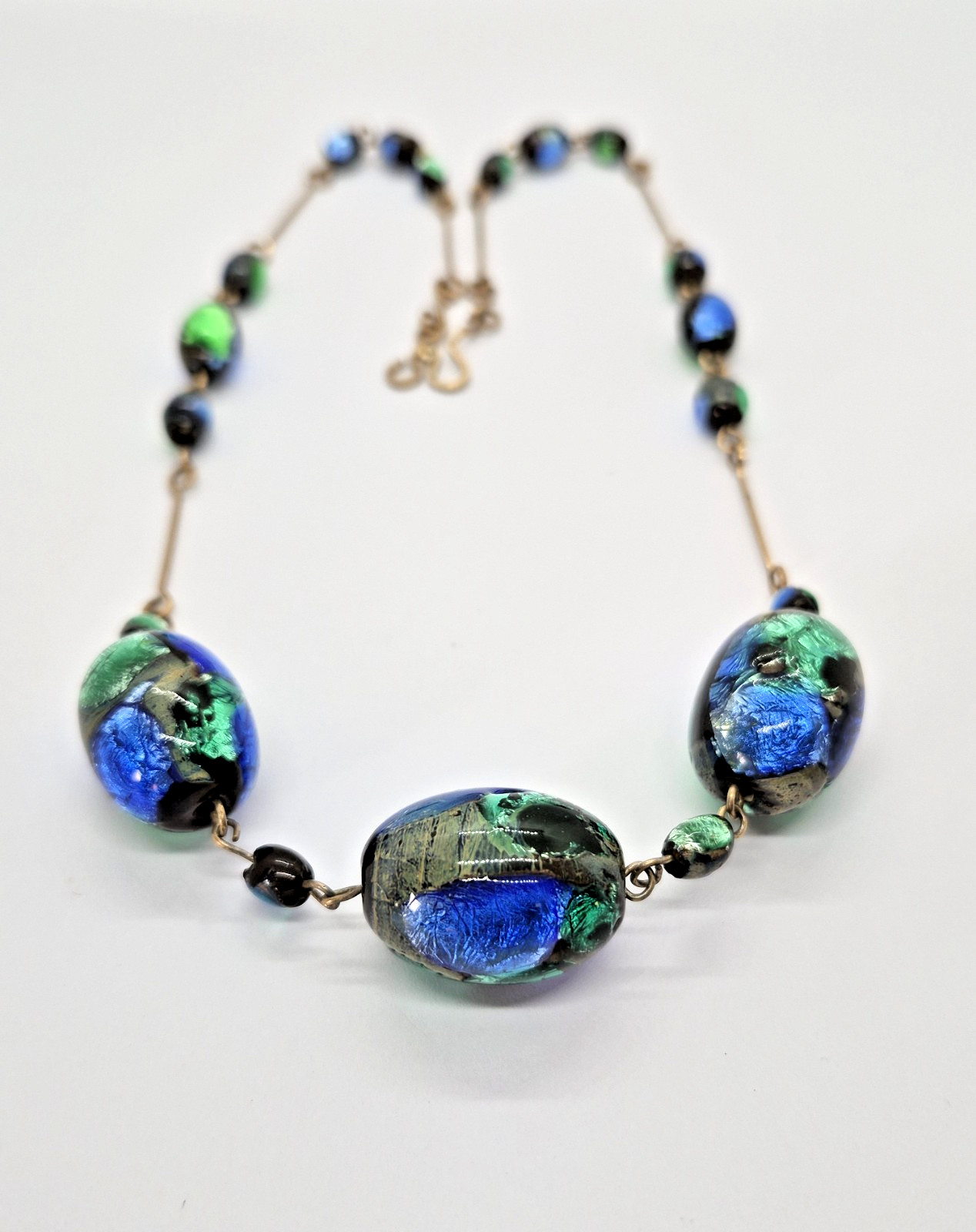 Vintage Art Deco Venetian Green, Blue & Black Foil Glass Bead Necklace 18″