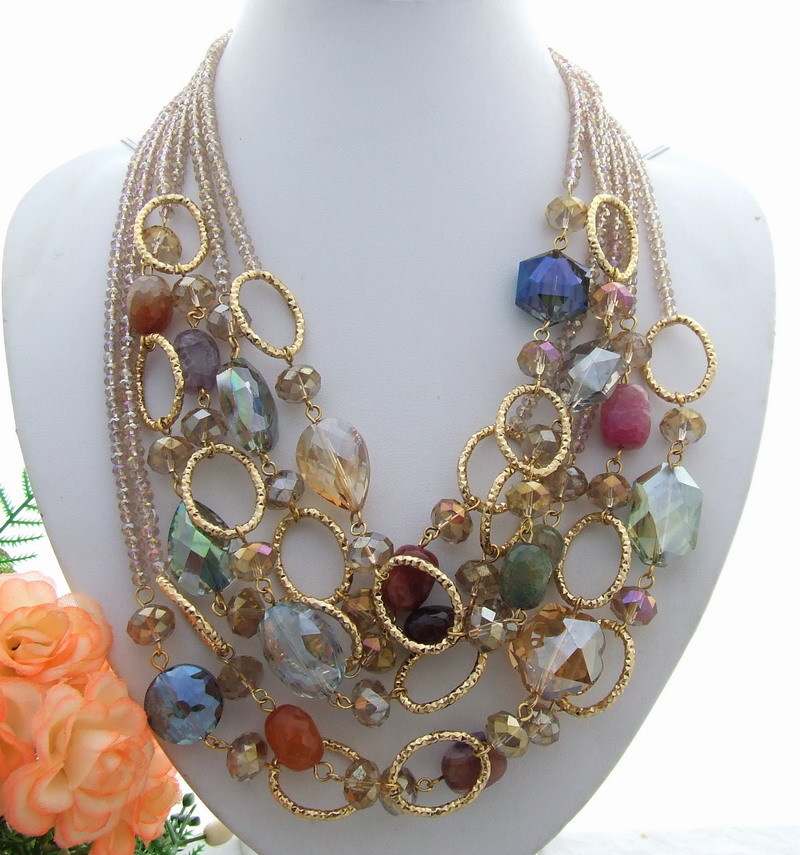 lady jewelry 6 Strands Multi color Agate Crystal Necklace 20″ free shipping