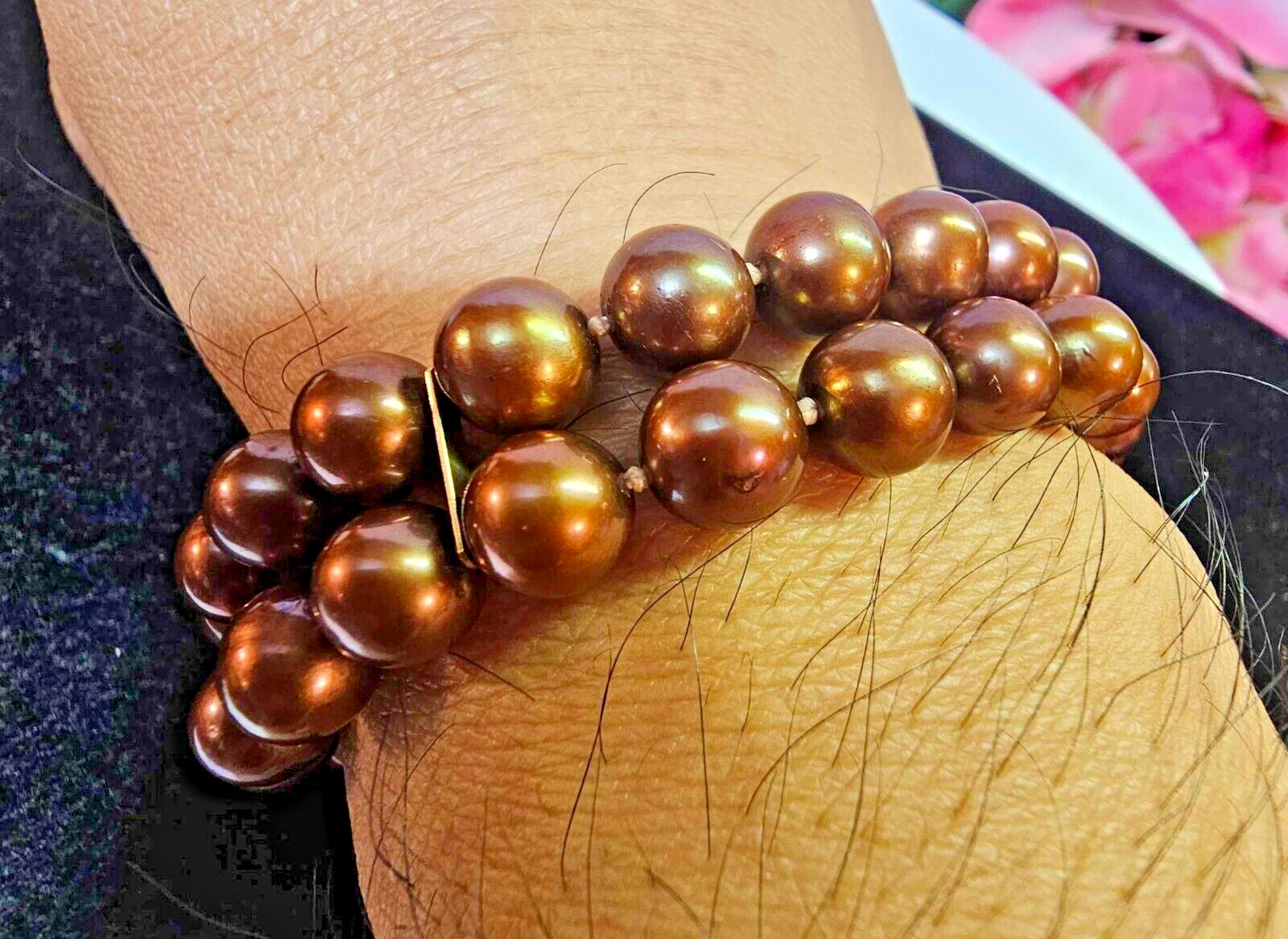 Marked 14K Flower Clasp Double Strand Bracelet w/ Brown Pearl 8.25in”- S37