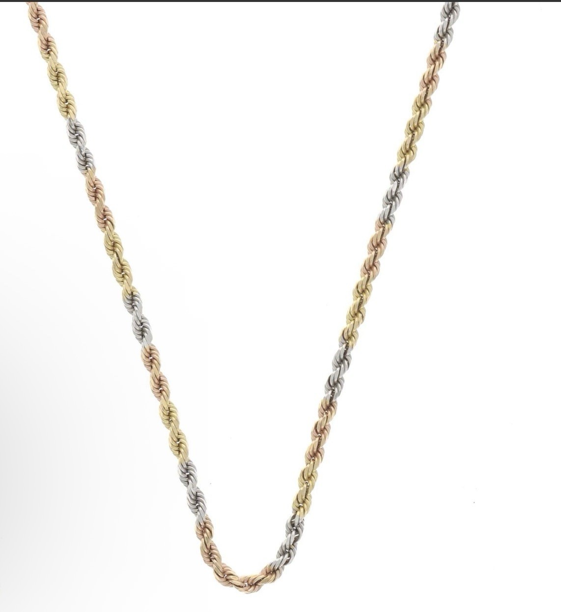 14k (stamped) tri-color gold rope chain. 24 inches long