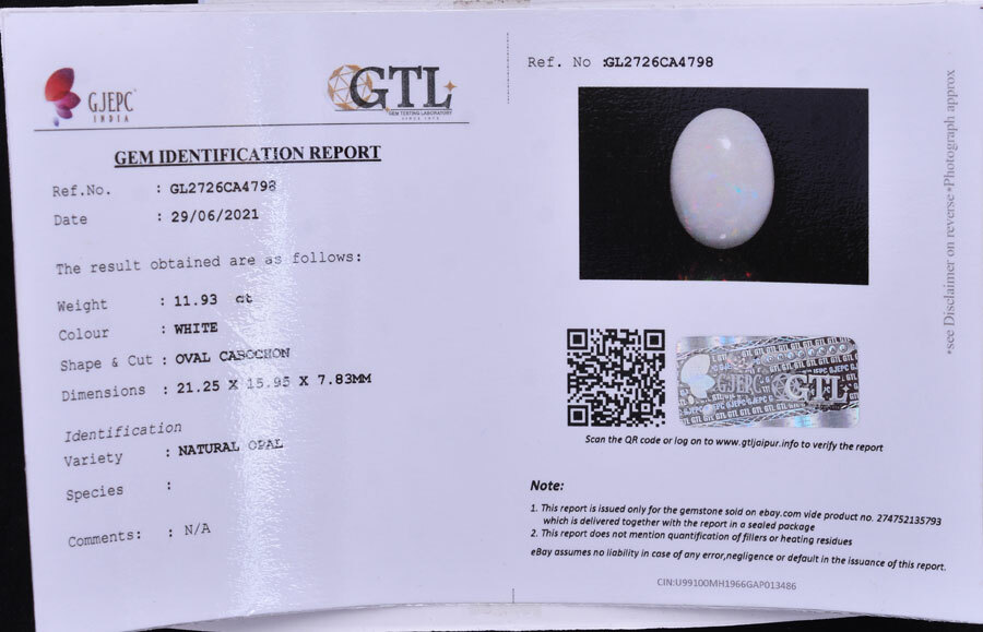 11.93 Cts Natural Ethiopian Opal Play of Colors Finest Quality GTL CERTIFIED Gem