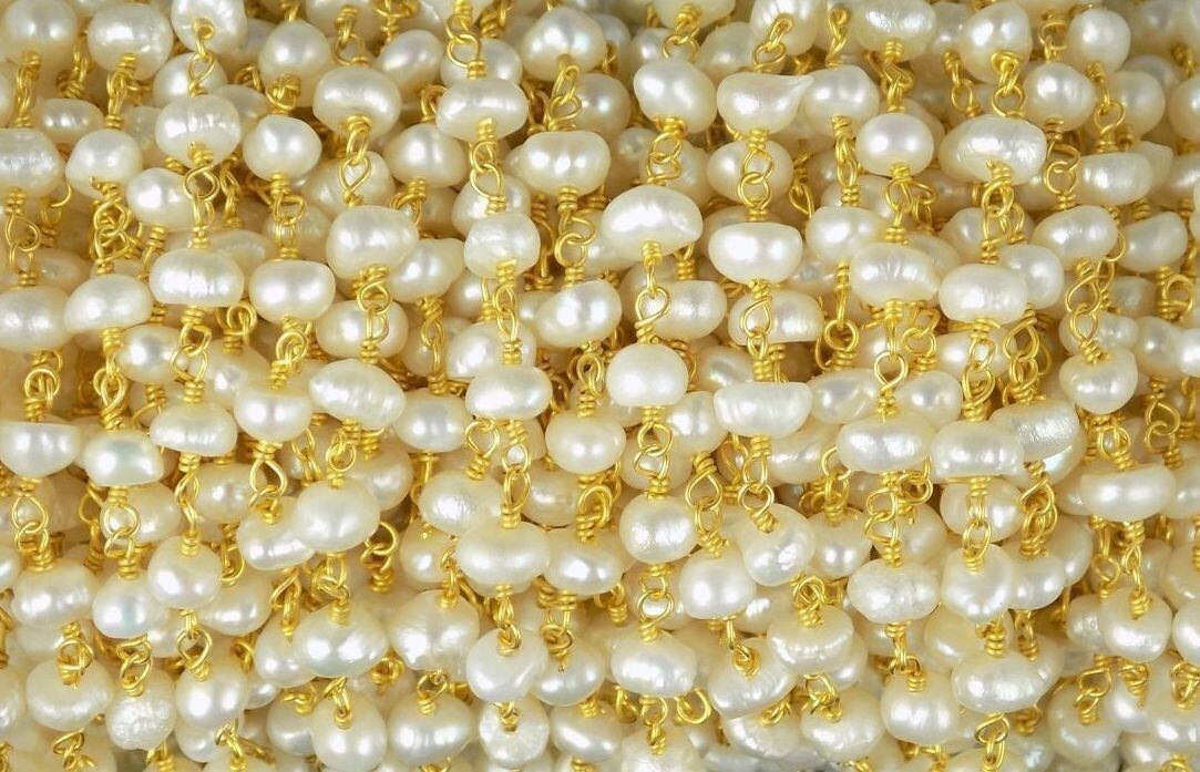 Pearl Roundelle Beads 3-4mm Rosary Beaded Chain 24k Gold Plated 3 Feet
