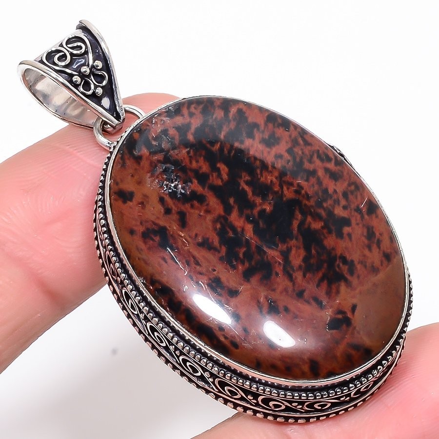 Natural Mahogany Obsidian Vintage Style 925 Silver Plated Pendant 2.17″ T31