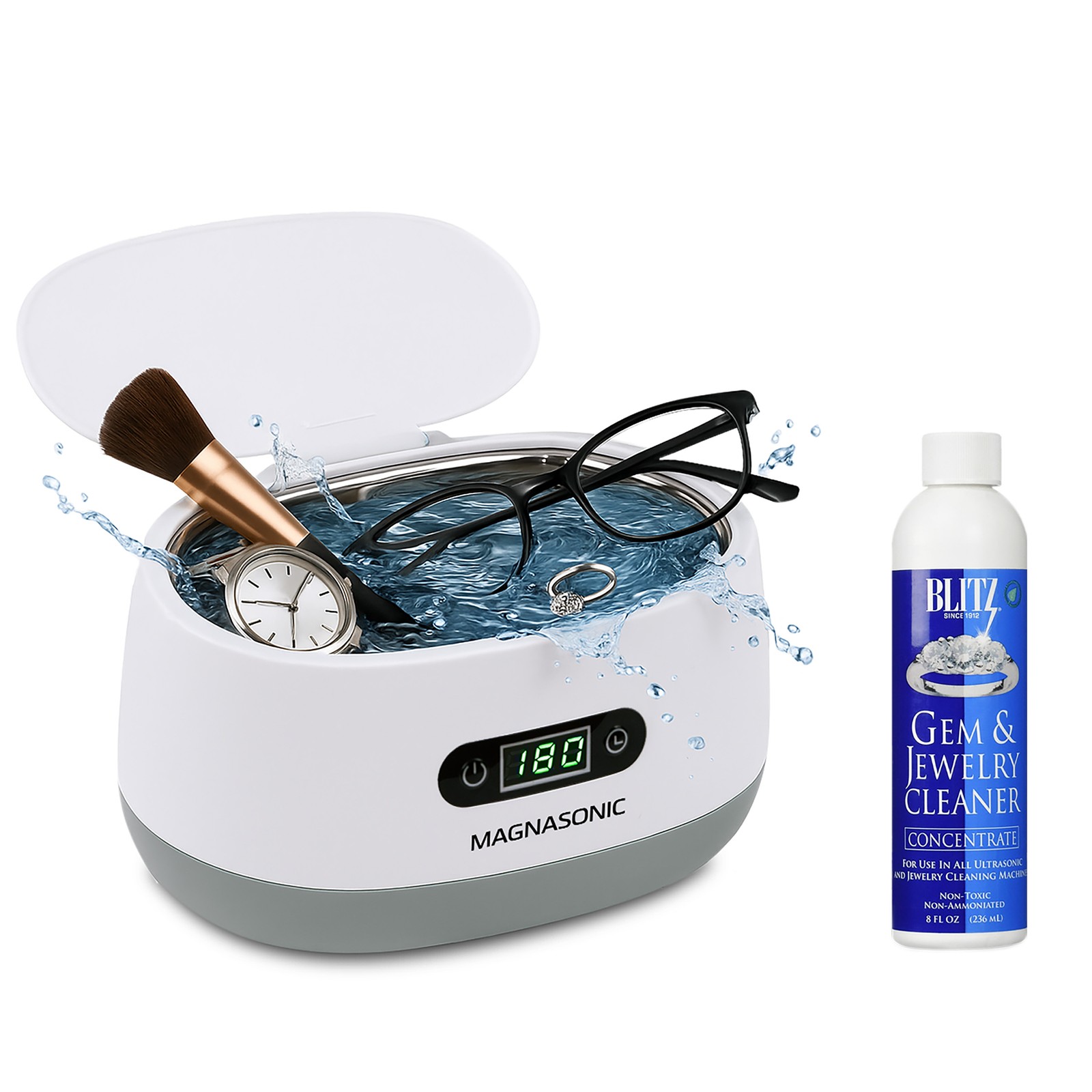 MAGNASONIC Digital Ultrasonic Jewelry Cleaner w/ Gem Jewelry Cleaner Concentrate