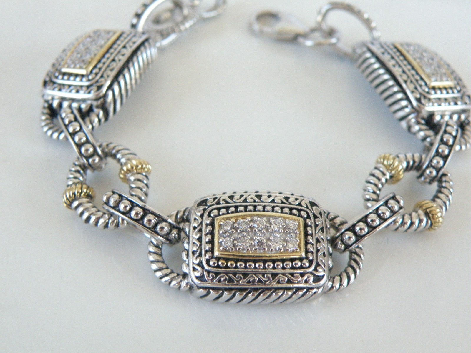 Chunky Sterling Silver 925 CZ Cable Designer Statement Station Bracelet 7″