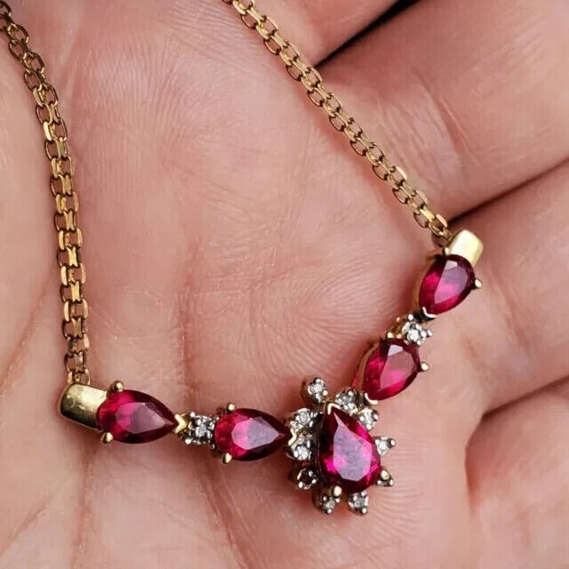 Pear Cut Simulated Red Garnet Women’s Gorgeous Necklace 14K Yellow Gold Plated