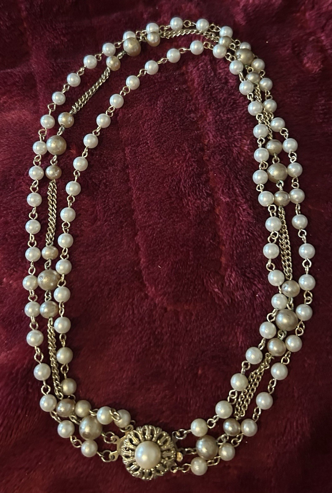 Multi-Strand Faux Pearl Beaded Necklace Gold Tone Chain Round Clasp Charm