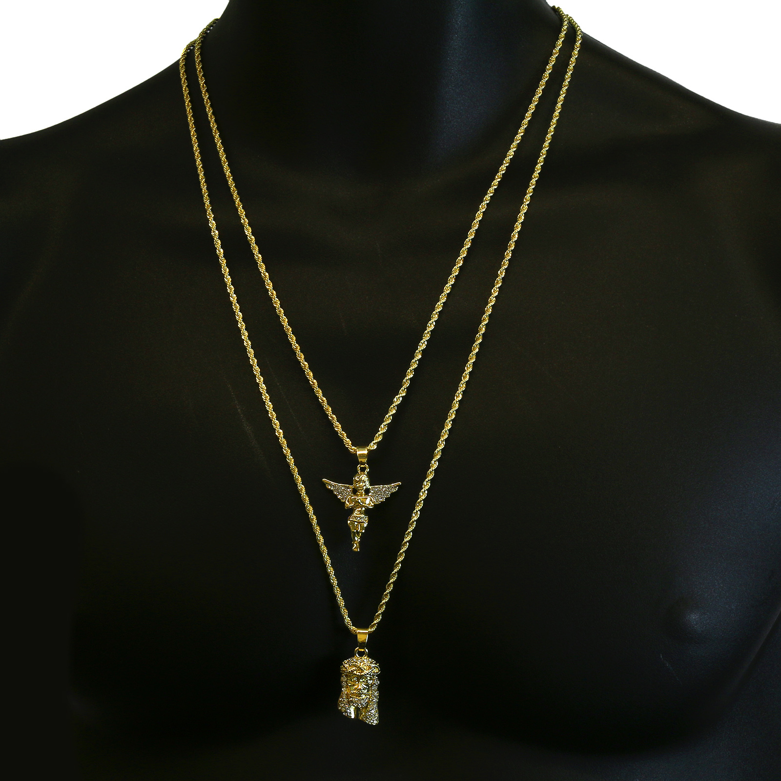 Men 14k Gold Plated Jesus & Angel Cubic-Zirconia 30″ & 24″ Rope chain 07