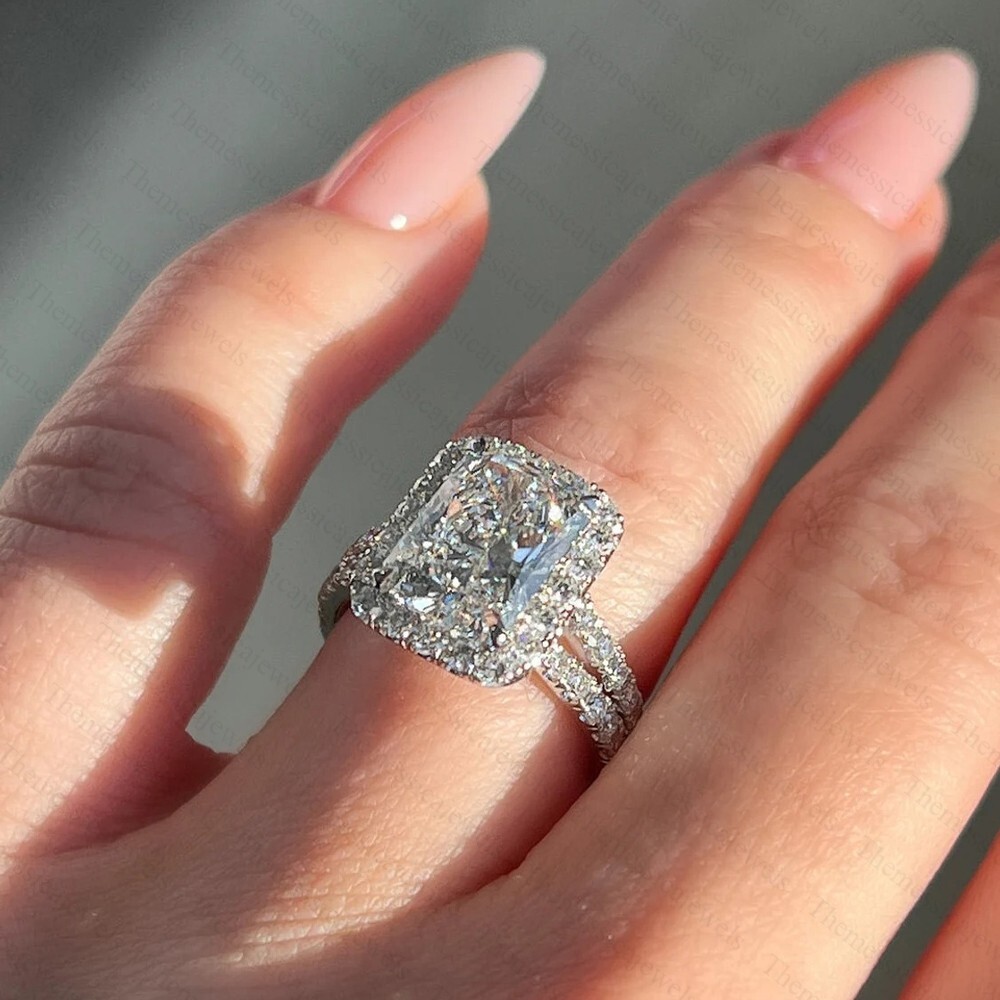 2.28 TCW Radiant Cut Moissanite Halo Engagement Ring In 14k White Gold Plated
