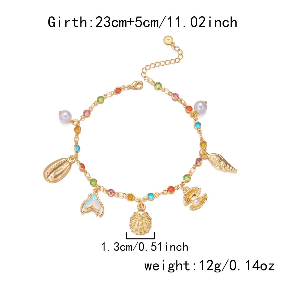 Boho Shell Fishtail Conch Imitation Pearl Colorful Rhinestone Chain Anklet For W