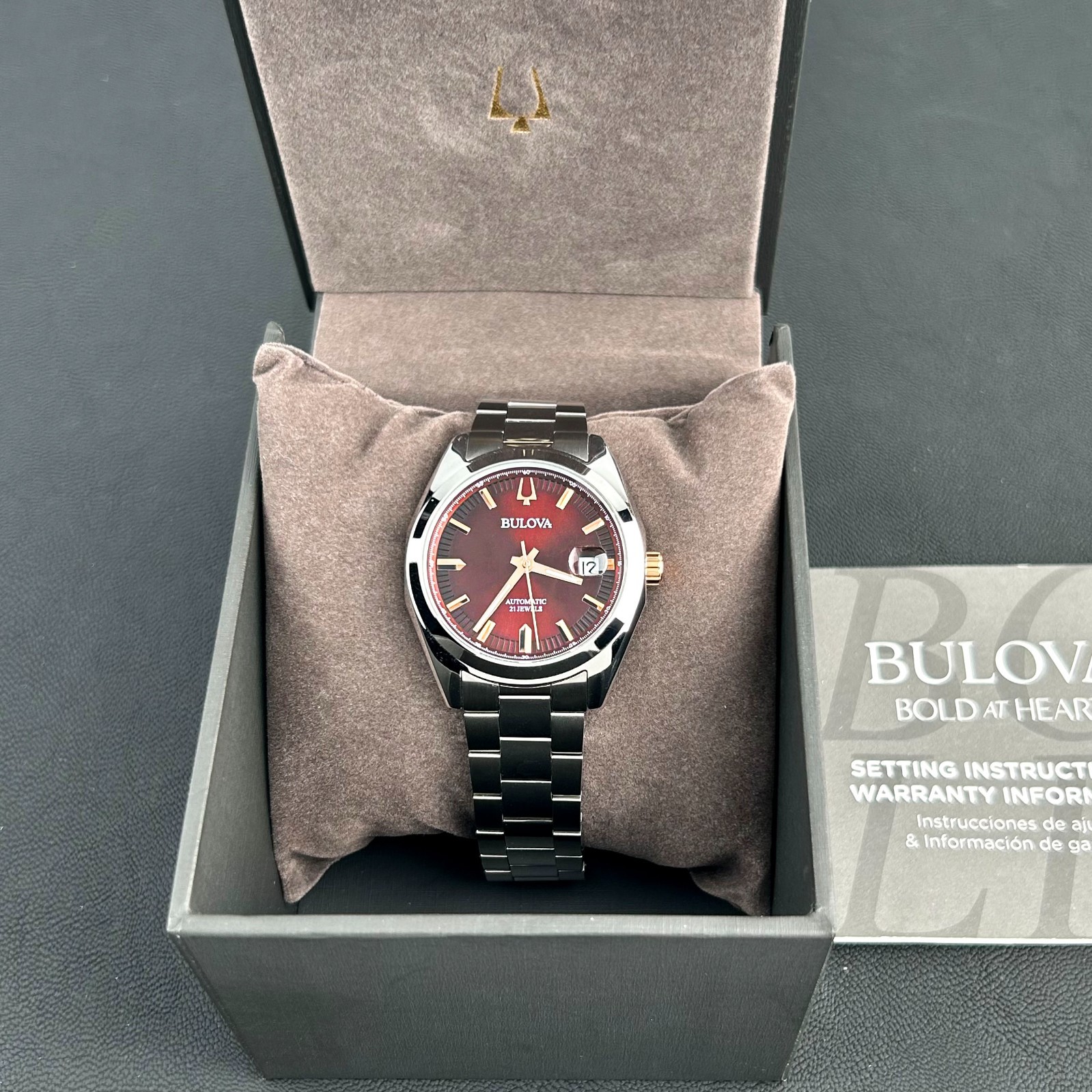 Bulova Surveyor 98B422 Automatic Red Dial Men’s Stainless Steel Watch 39MM