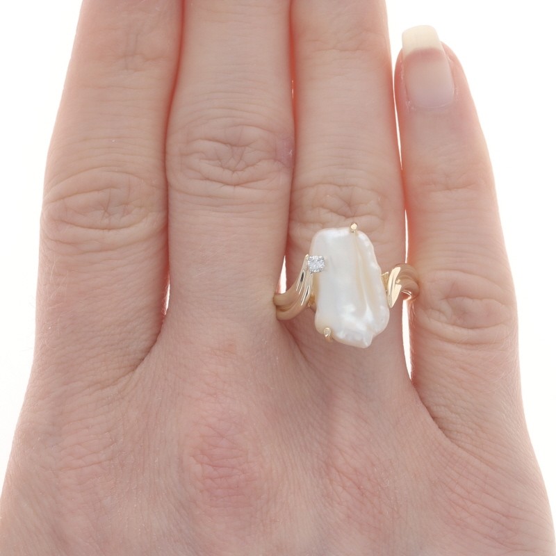 Yellow Gold Baroque Cultured Pearl Diamond Bypass Ring – 14k