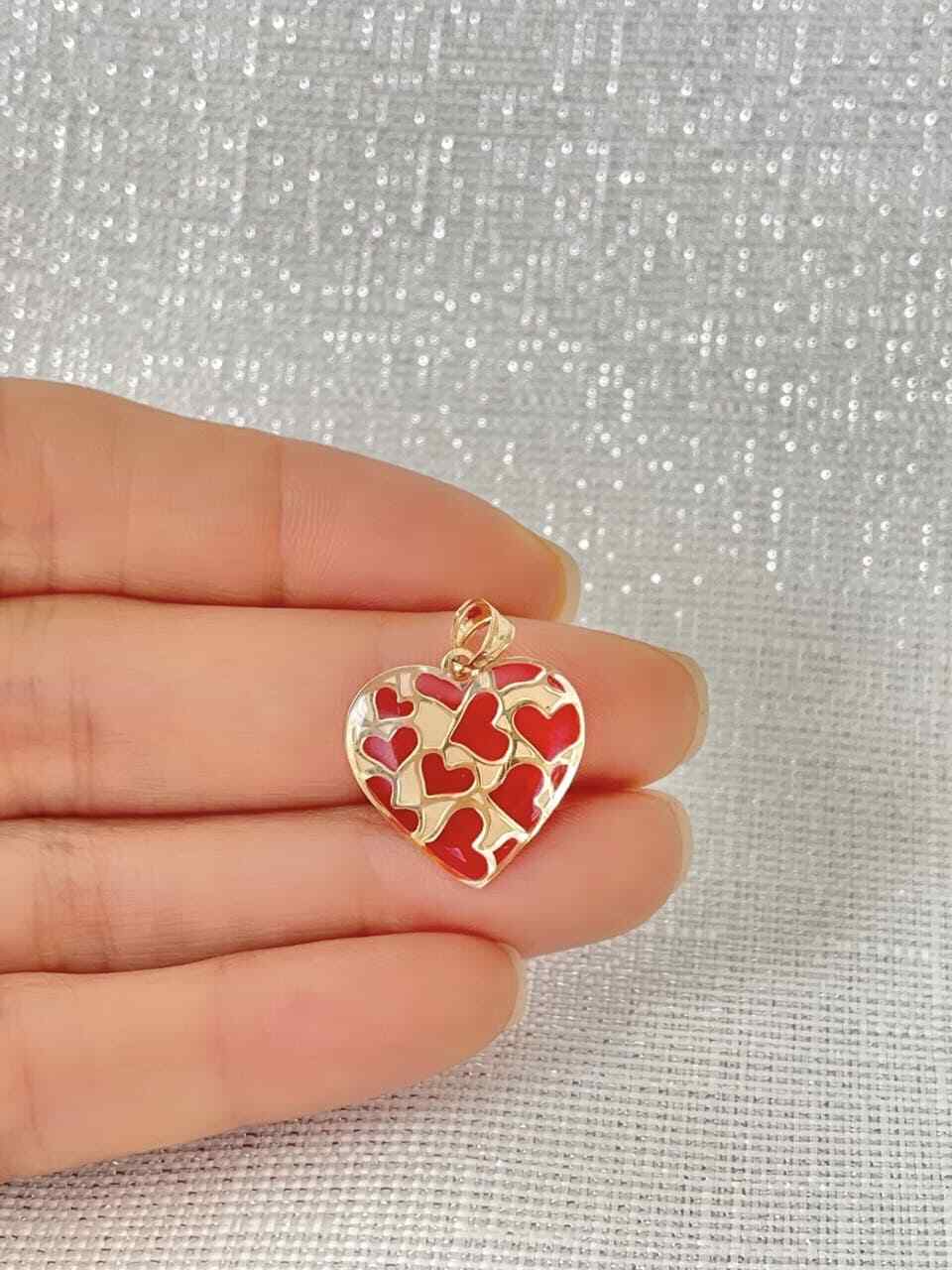 14K Solid Yellow Gold Enamel Red Heart Pendant Love Necklace Charm Women
