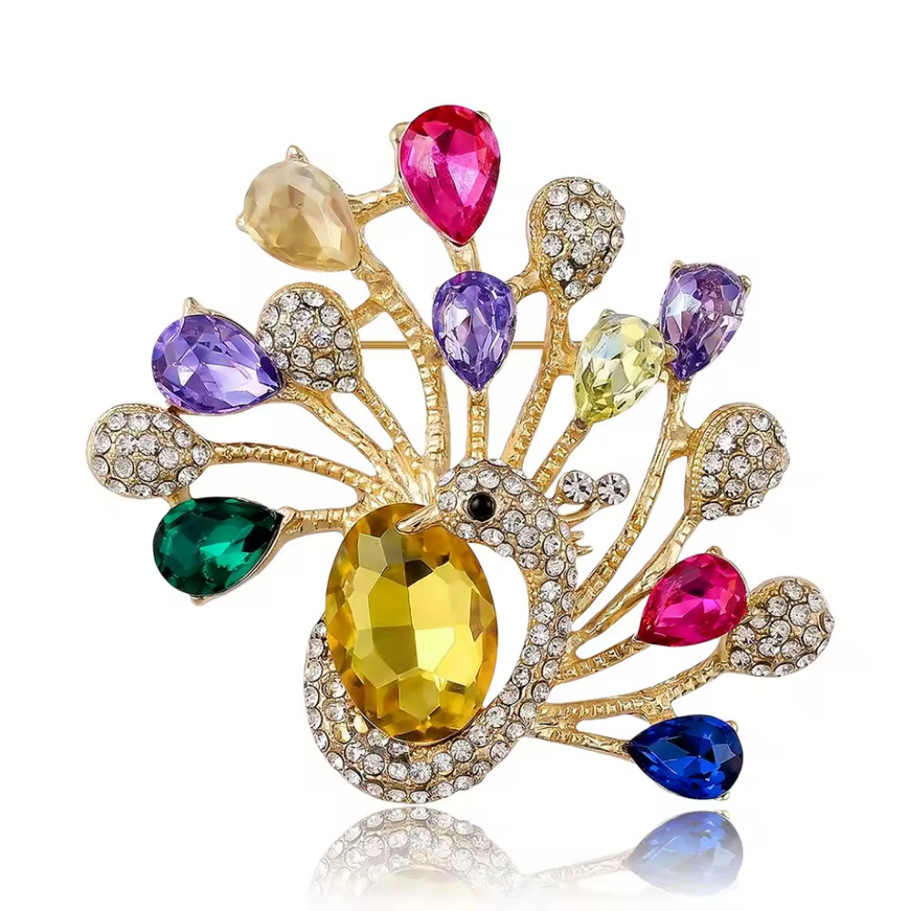 Sparkly Crystal Peacock Brooch Pin Gold Tone Rhinestone Bird Statement Jewelry G