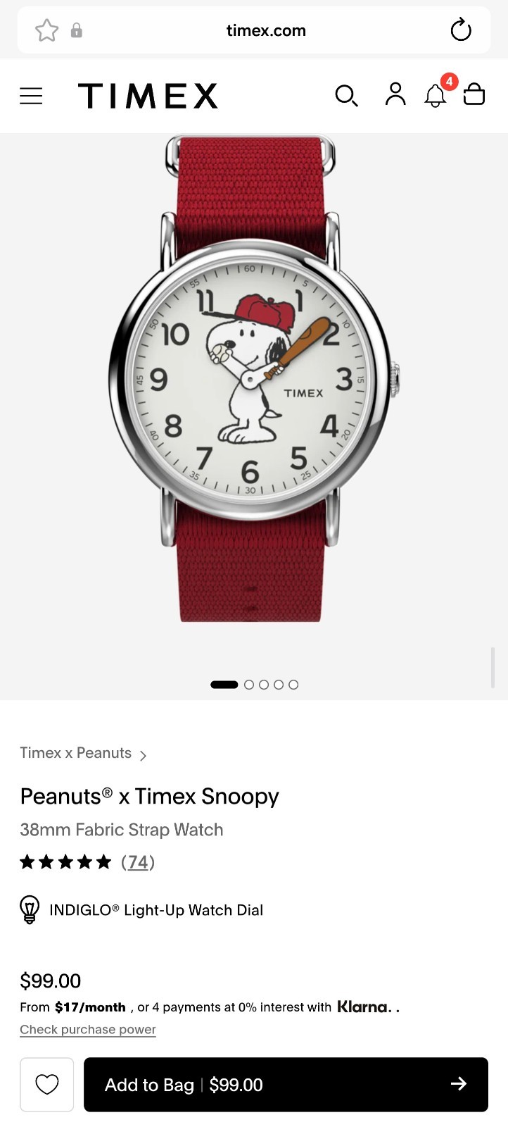 Timex Weekender 38mm Peanuts Snoopy Watch – Red Nylon Strap – TW2R41400JT