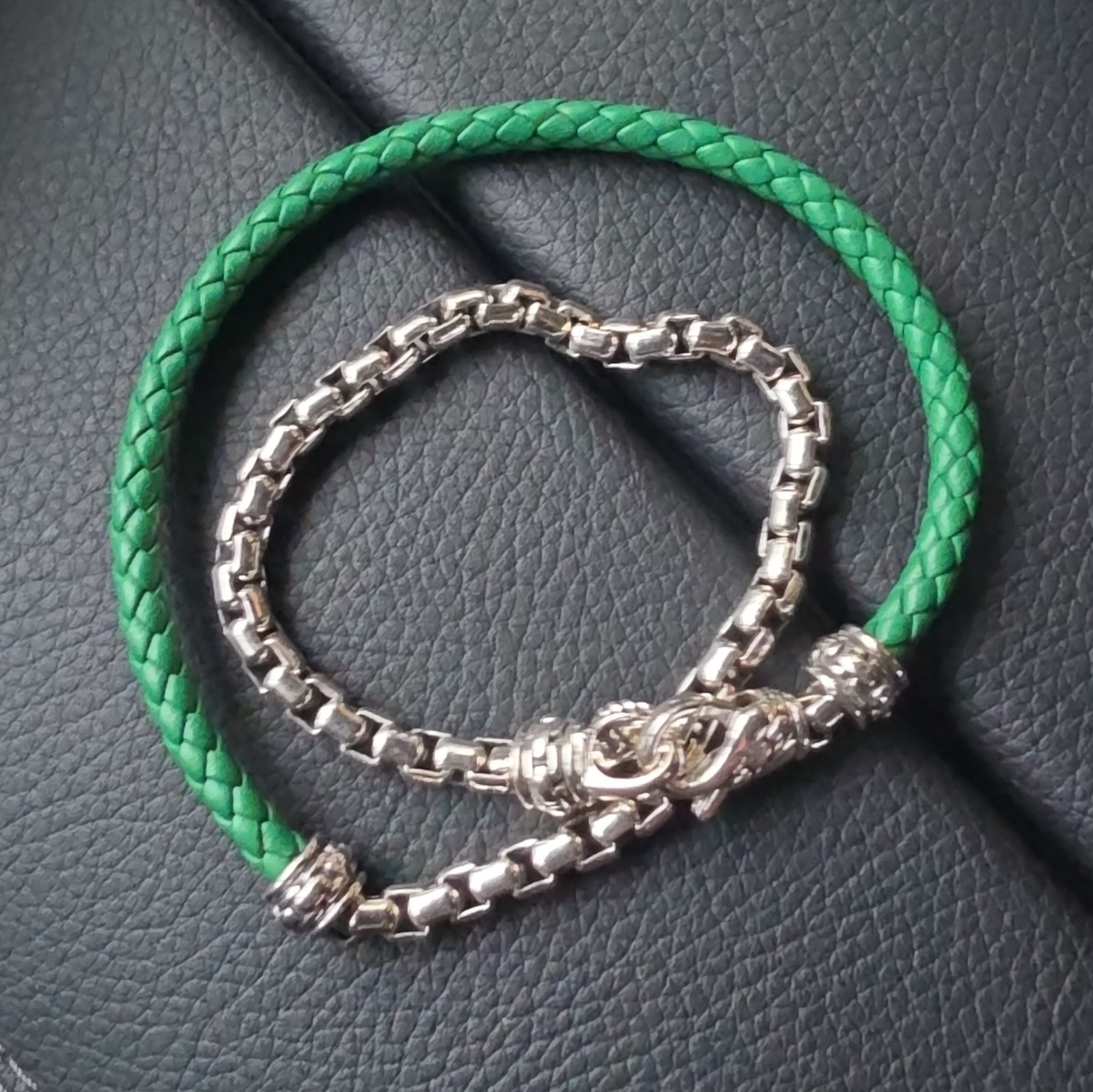 John Hardy Green Leather Bracelet Silver Box Chain Lobster Clasp