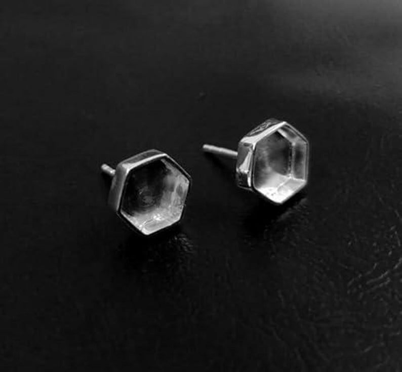 925 Sterling Silver Hexagon Bezel Stud Earrings Blank Cup for Resin Gemstone DIY