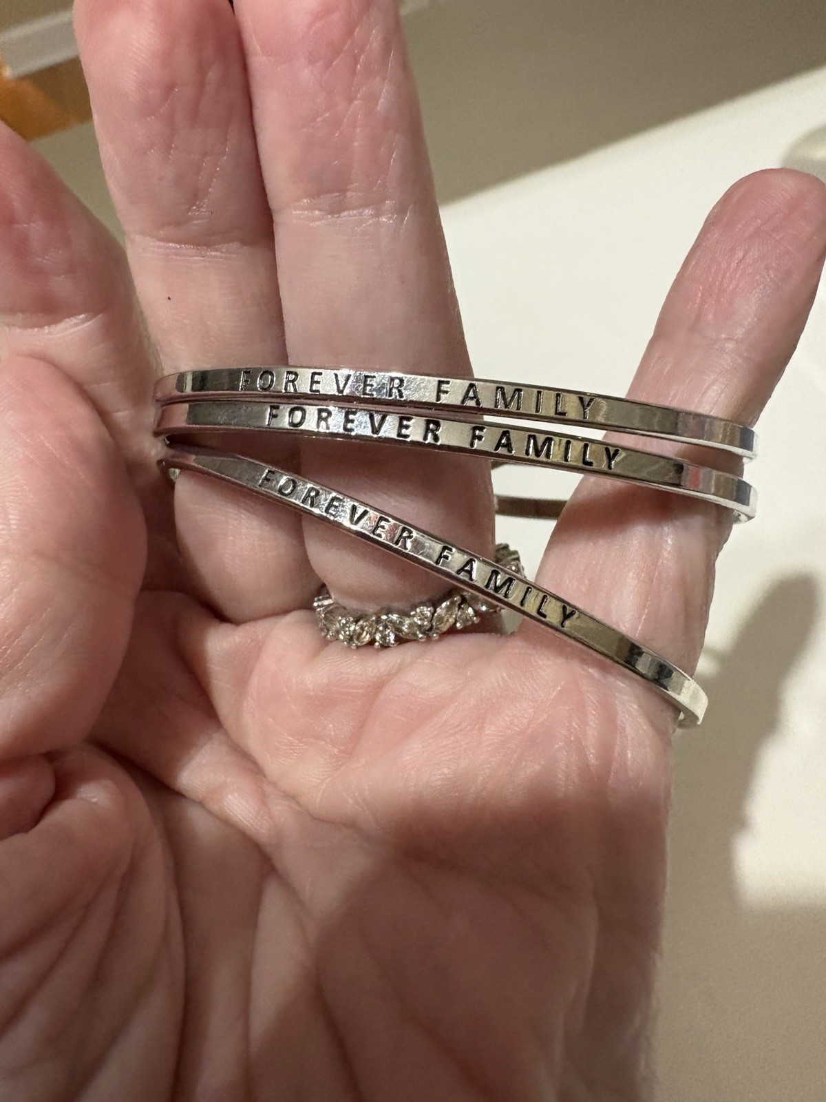 3 Silver Stainless Steel Bangle Bracelets Stamped Forever Family Lot