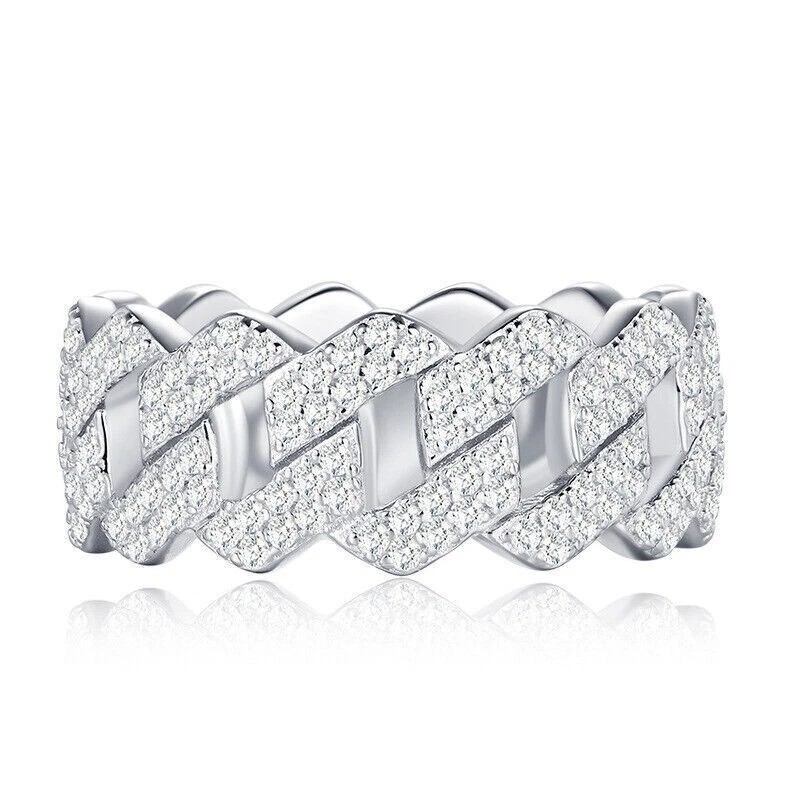 Iced MOISSANITE Prong Cuban Link Band Ring Real 925 Silver 8mm Wedding Hip Hop