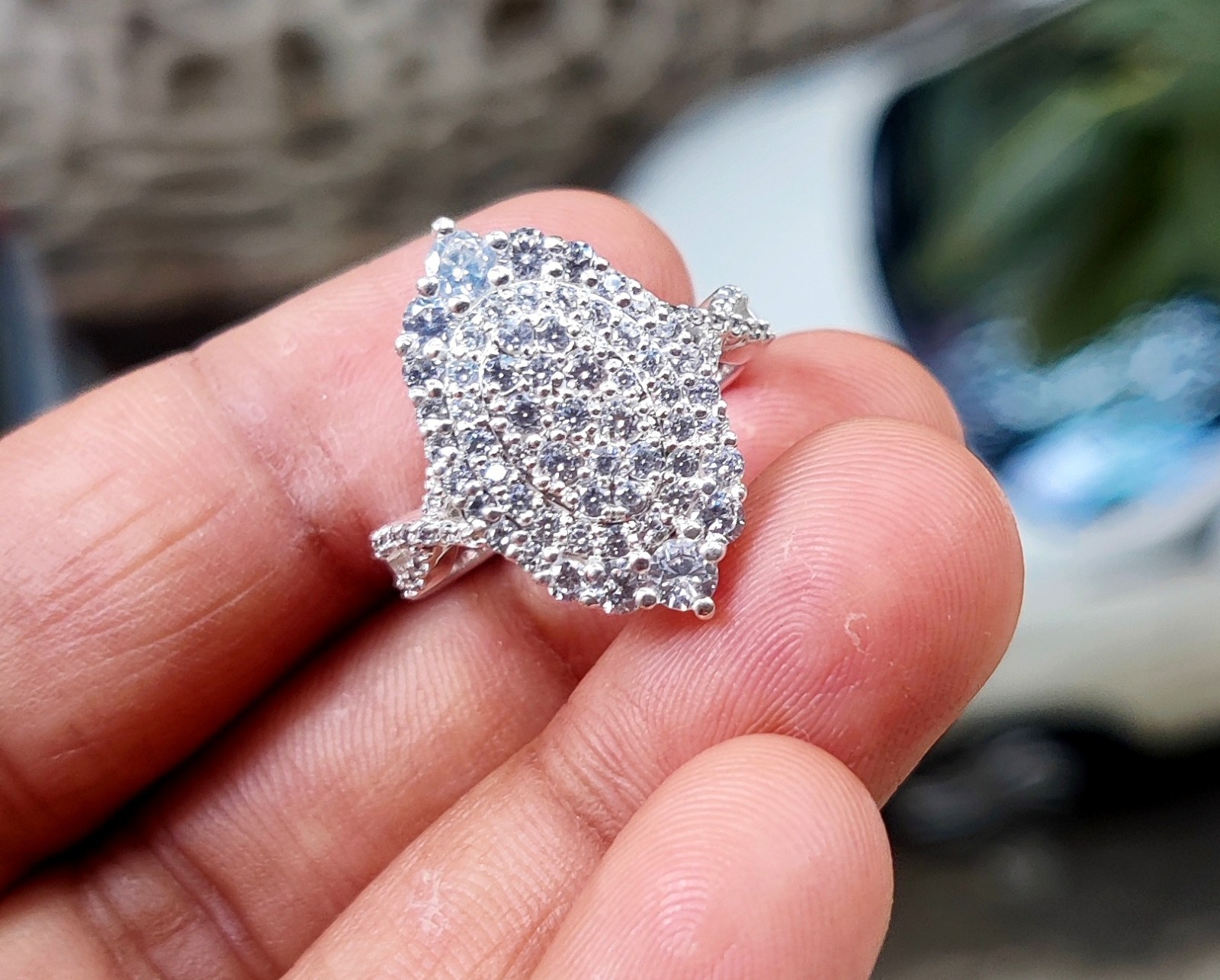1.50Ct Oval Lab-Created Diamond Cluster Engagement Ring 14K White Gold Plated