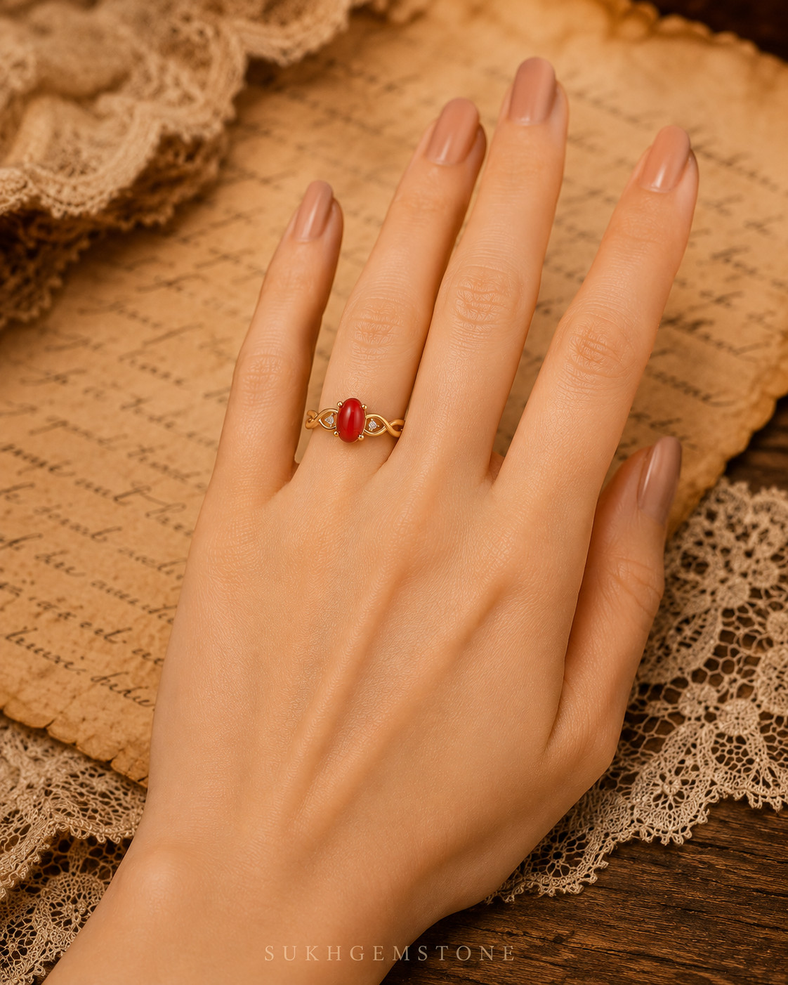 Lab Created Red Coral Ring, Base Metal: Brass Finish: Gold Plated