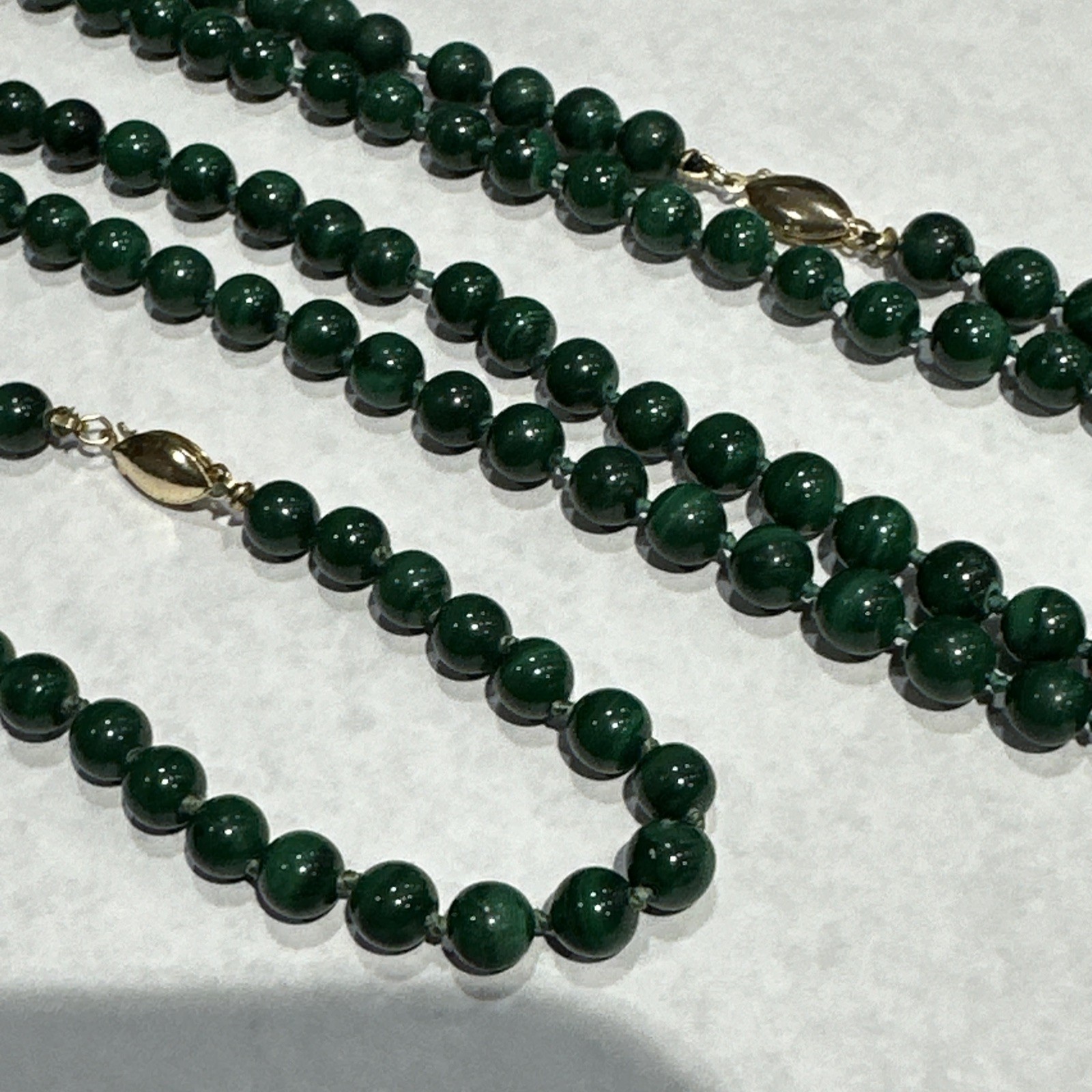 Jade Beaded Dark Green 6mm Necklace 30″ & Bracelet 7 1/4″ 14k Gold Clasp