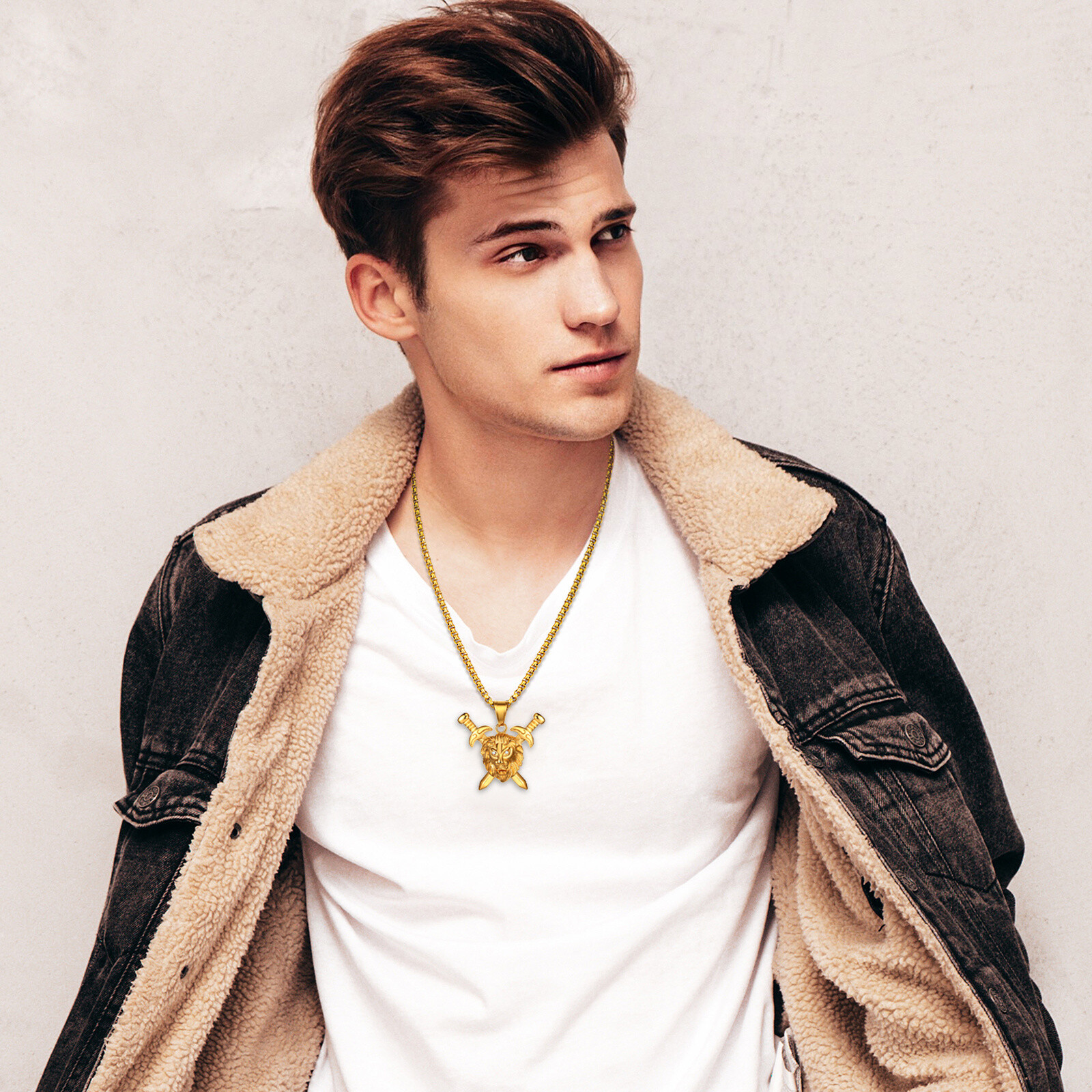Mens Boys Hip Hop Gold Tone Lion Head Stainless Steel Pendant Necklace Chain 22″