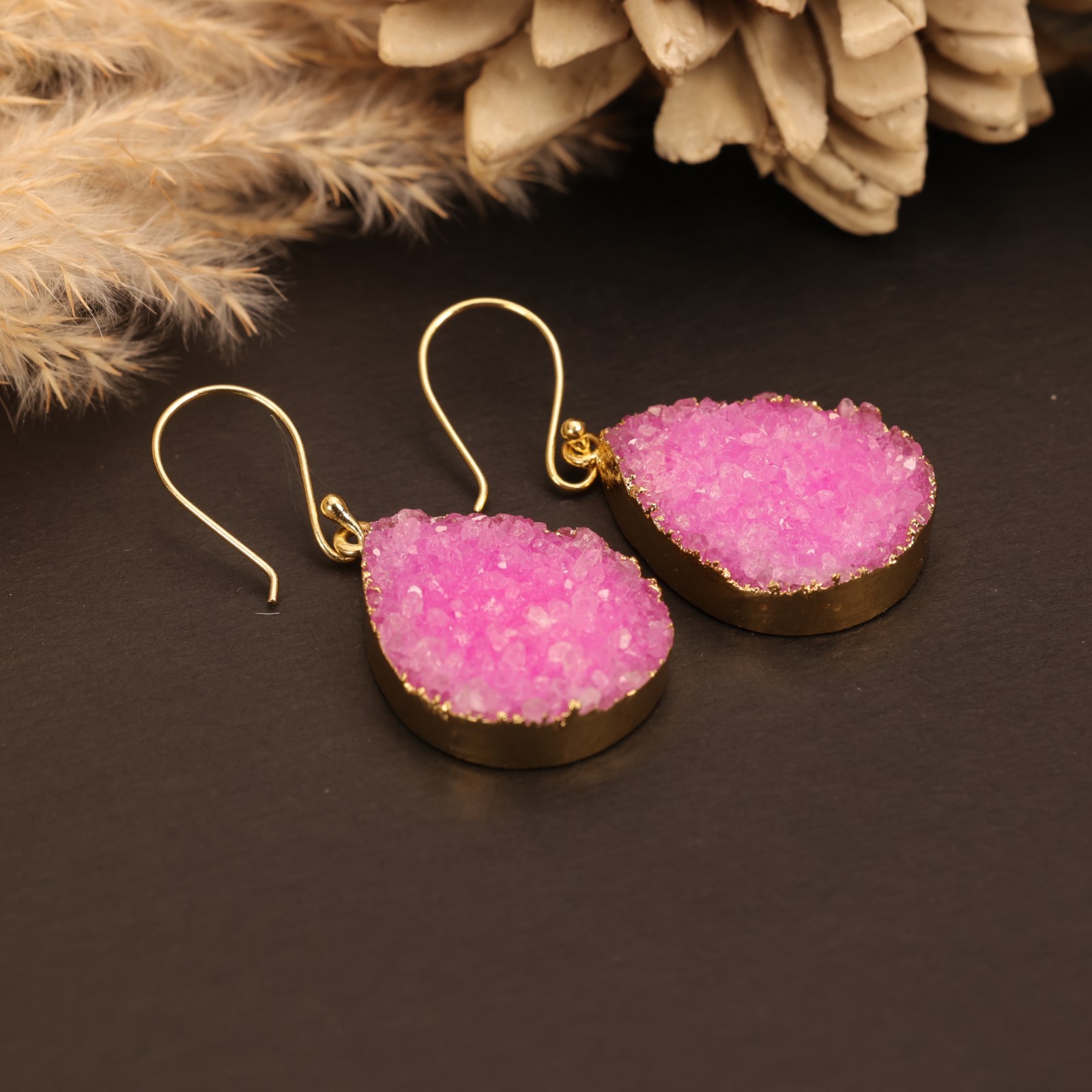 Pink Druzy Dangle Earrings | Gold Plated Brass.