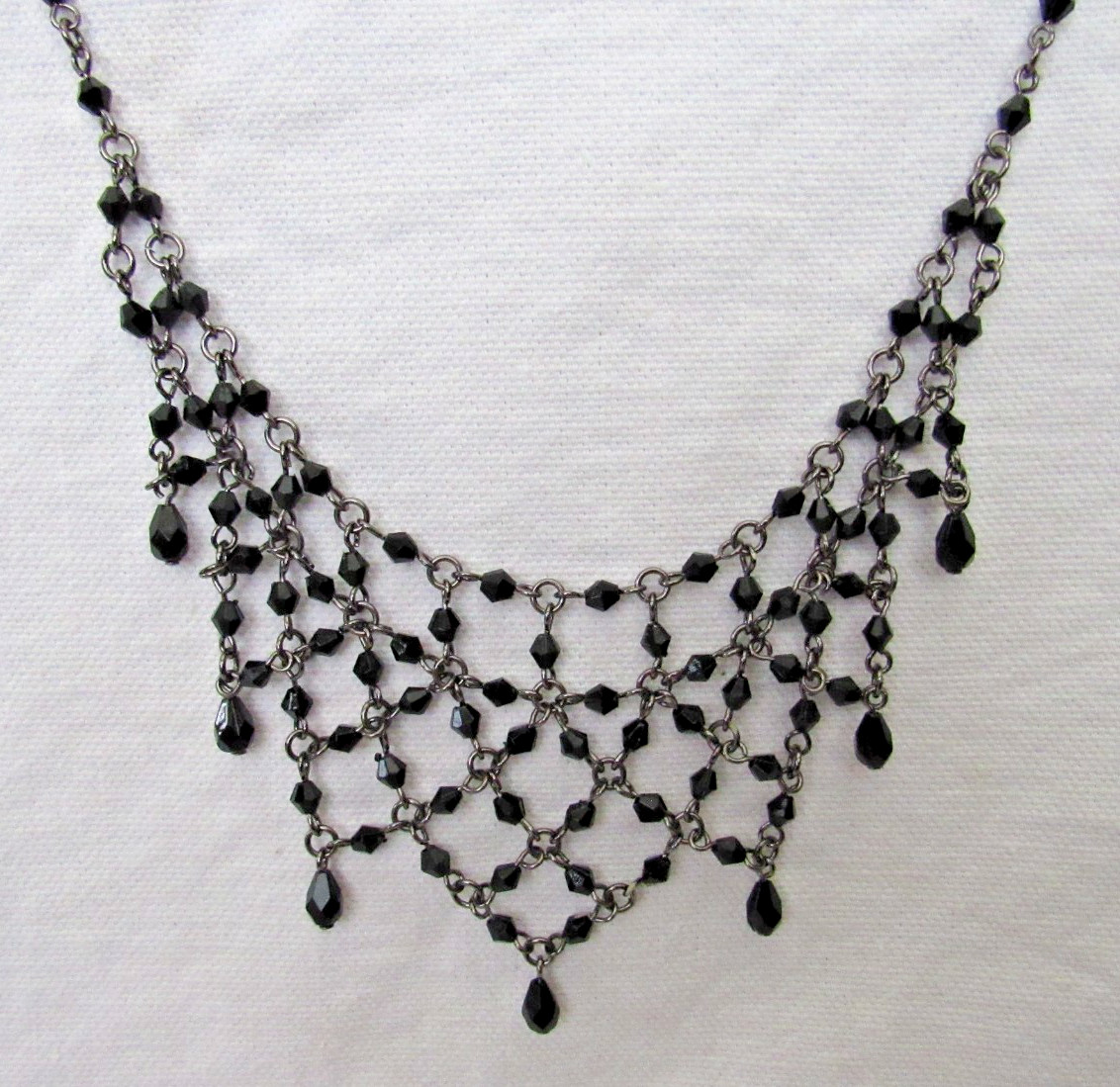 Black Beaded Fringed Bib Choker Necklace Light Weight Plastic & Metal