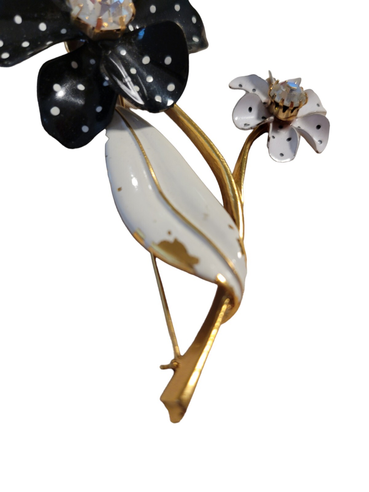 Avon Black & White Polka Dot Rhinestone Flower Pin Brooch Missing Paint 3.5″