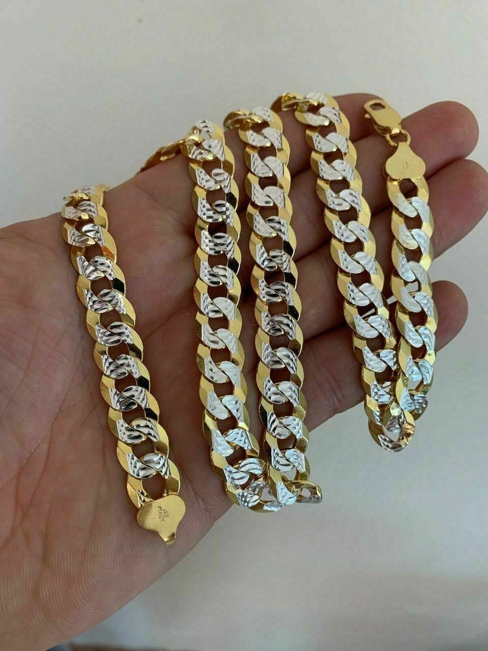 Mens Diamond Cut 11mm Miami Cuban Chain 14k Gold Plated Solid 925 Silver TwoTone