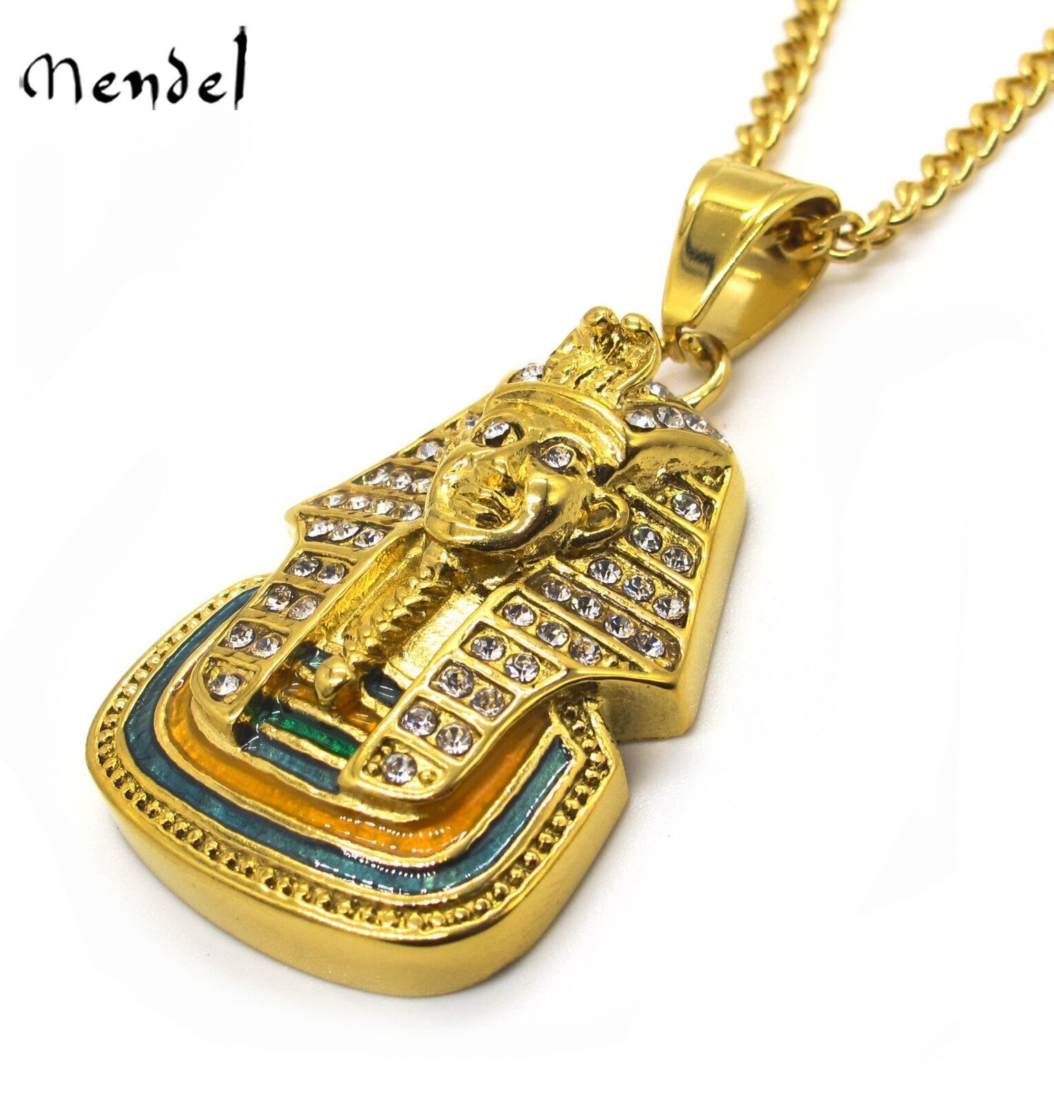 MENDEL Gold Plated Mens Egypt Egyptian CZ Hip Hop Pharaoh Pendant Necklace Chain
