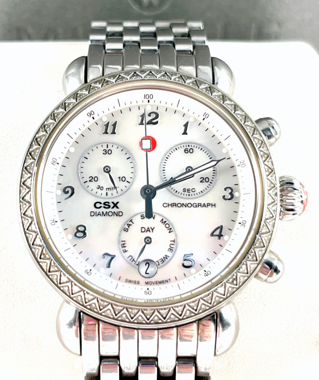 Michele CSX Diamond Chronograph Watch With SS Locking Band in Excellent Cond.