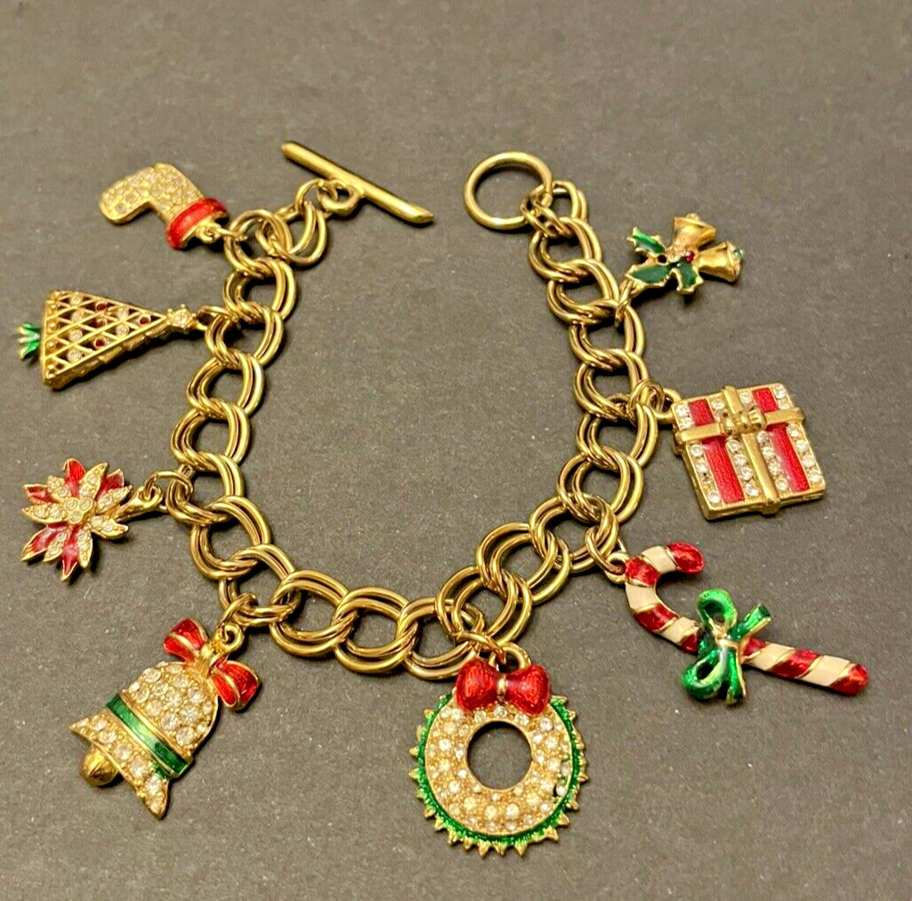 Christmas Holiday Charm Bracelet Gold Tone with Colored Rhinestone Enamel