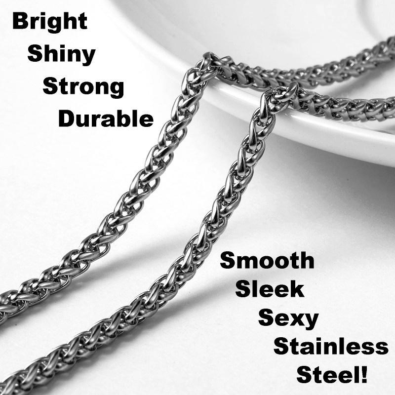 3mm Wheat Chain Necklace Pure Stainless Steel 14-50″ Custom Length Chain nb