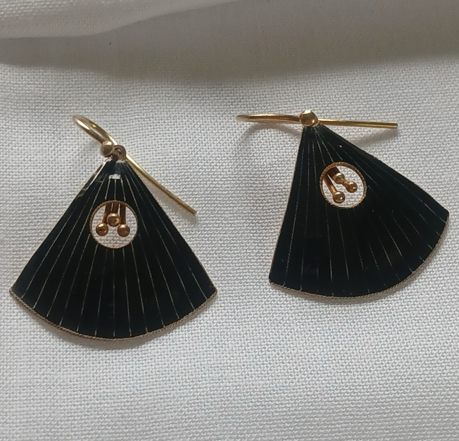 Vintage Fan Silver Earrings Cloisonne Enamel Black with Gold Accents Art Deco