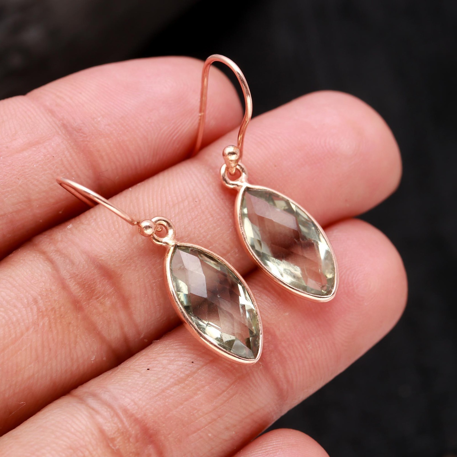 Natural Green Amethyst Marquise Earrings Rose Gold Plated Solid Silver Jewelry