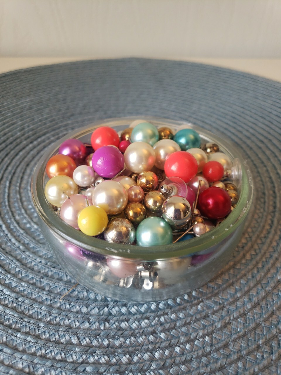 Lot Of Earrings In A 1/2 Pint Jar All Colored Balls Stud Matching And Cleaned