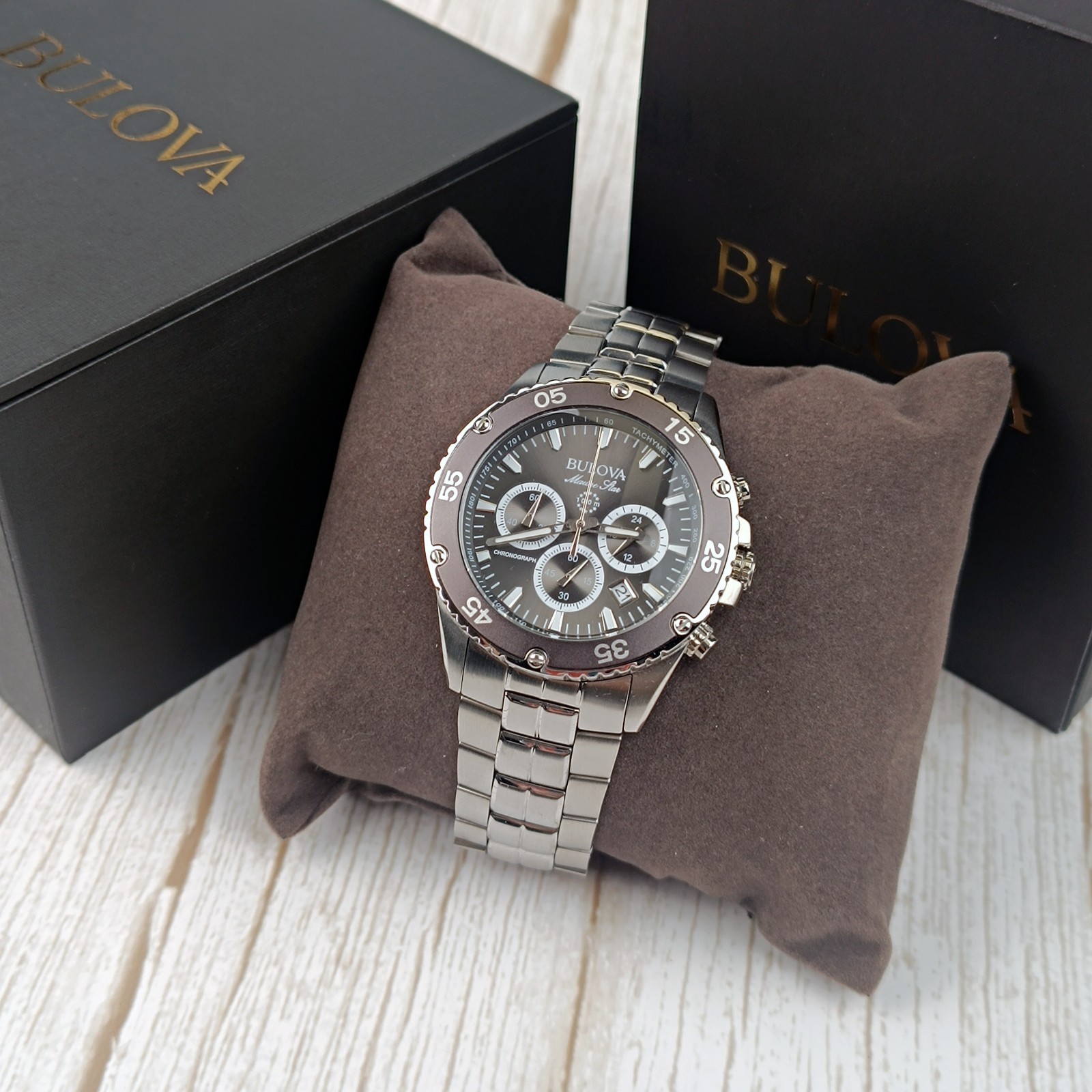 Bulova Men Marine Star 98B401 Black/Grey Chronograph Quartz Watch 41.5mm