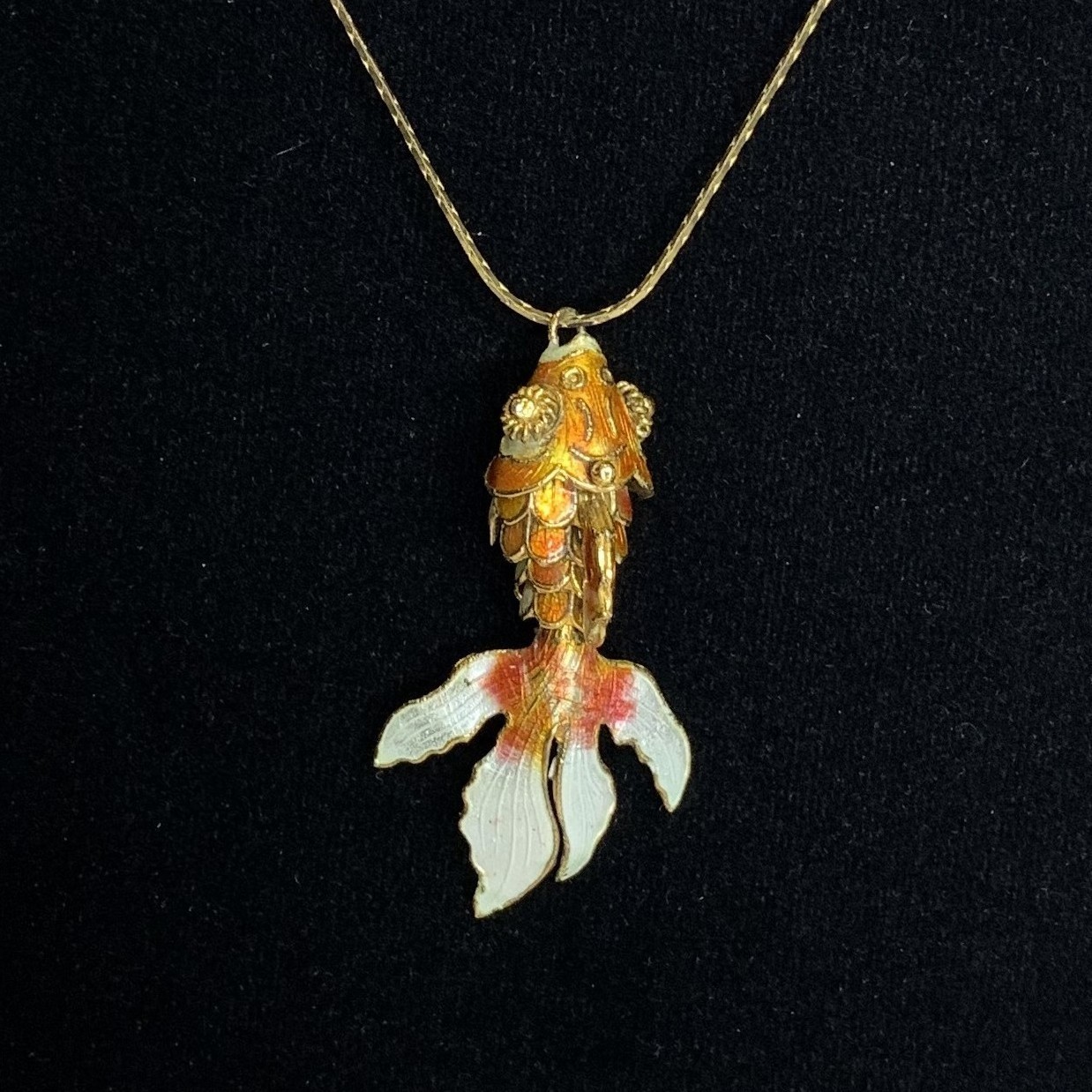 Vintage Articulated Koi Fish Pendant Necklace Cloisonne Enamel Gold Tone 23.5”
