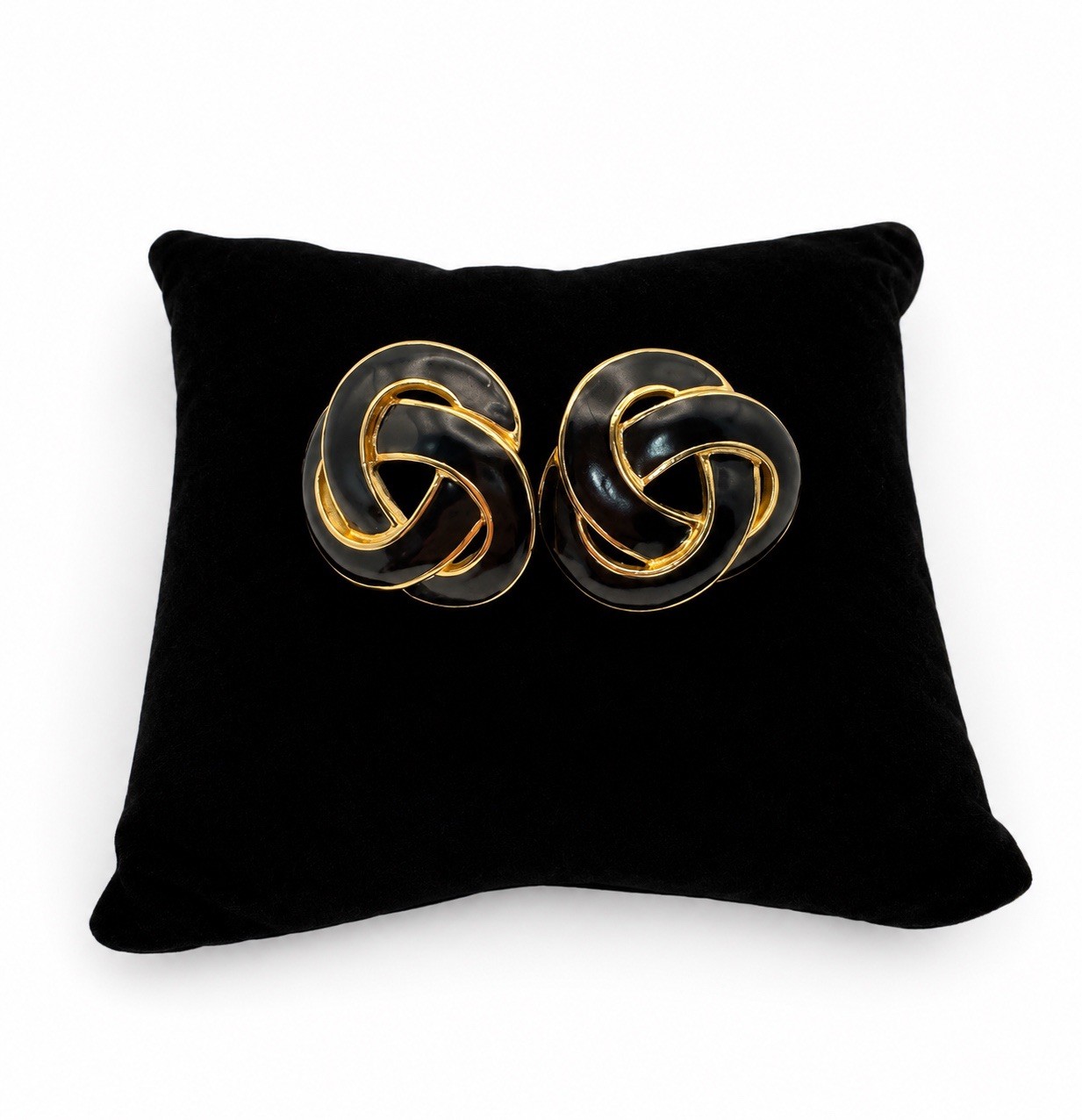 Vintage Napier Signed Black Enamel Gold Tone Interlocking Knot Pierced Earrings