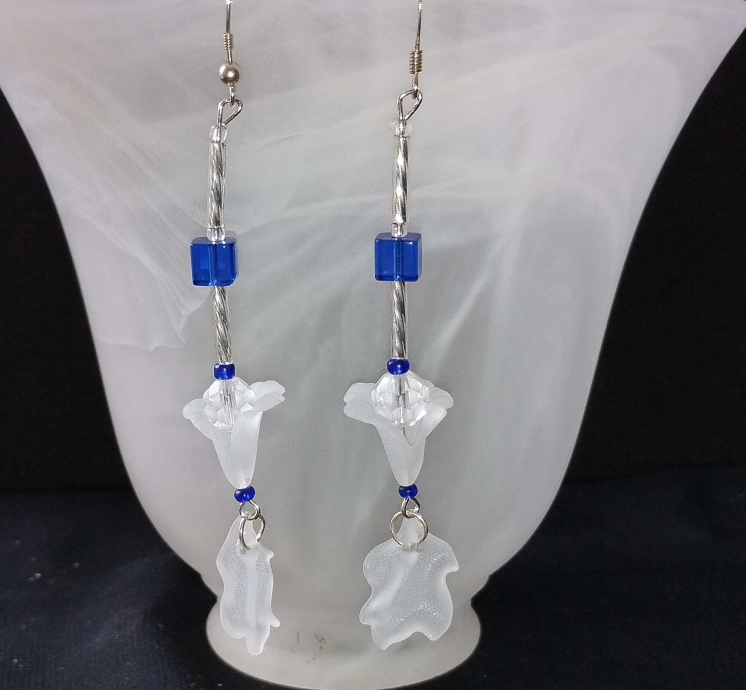 Handcrafted Glass Beaded Dangle Earrings Blue White Silver Hook Flower Nature