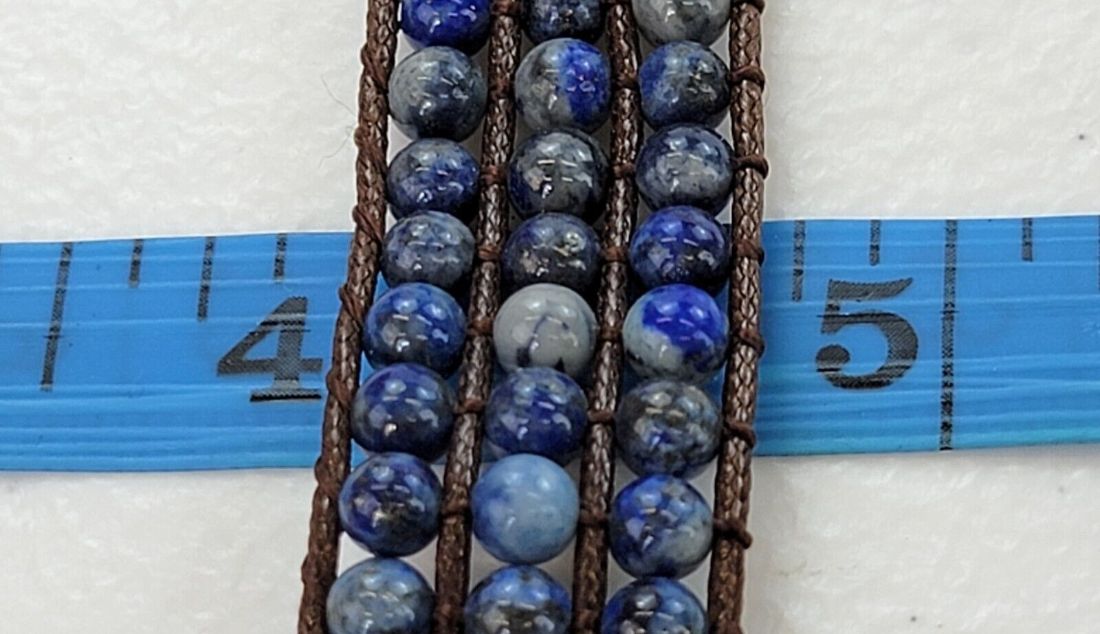 Lapis Lazuli Beaded Wrap Bracelet 6.5″ Brown Leather Cord Toggle Clasp Boho