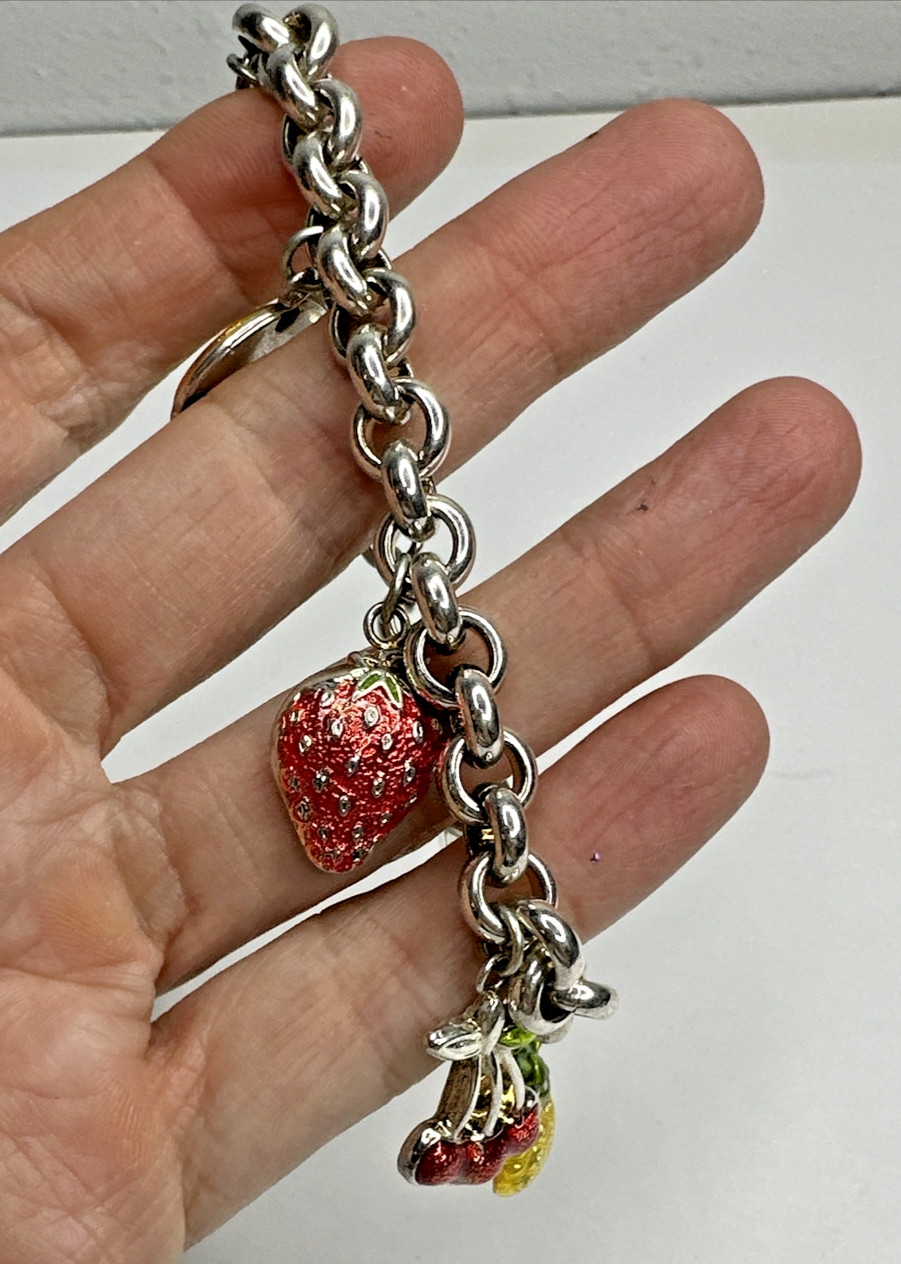 Best Brand Charm Bracelet Fruit Cherry Orange Strawberry Pear Silver Plated 8″