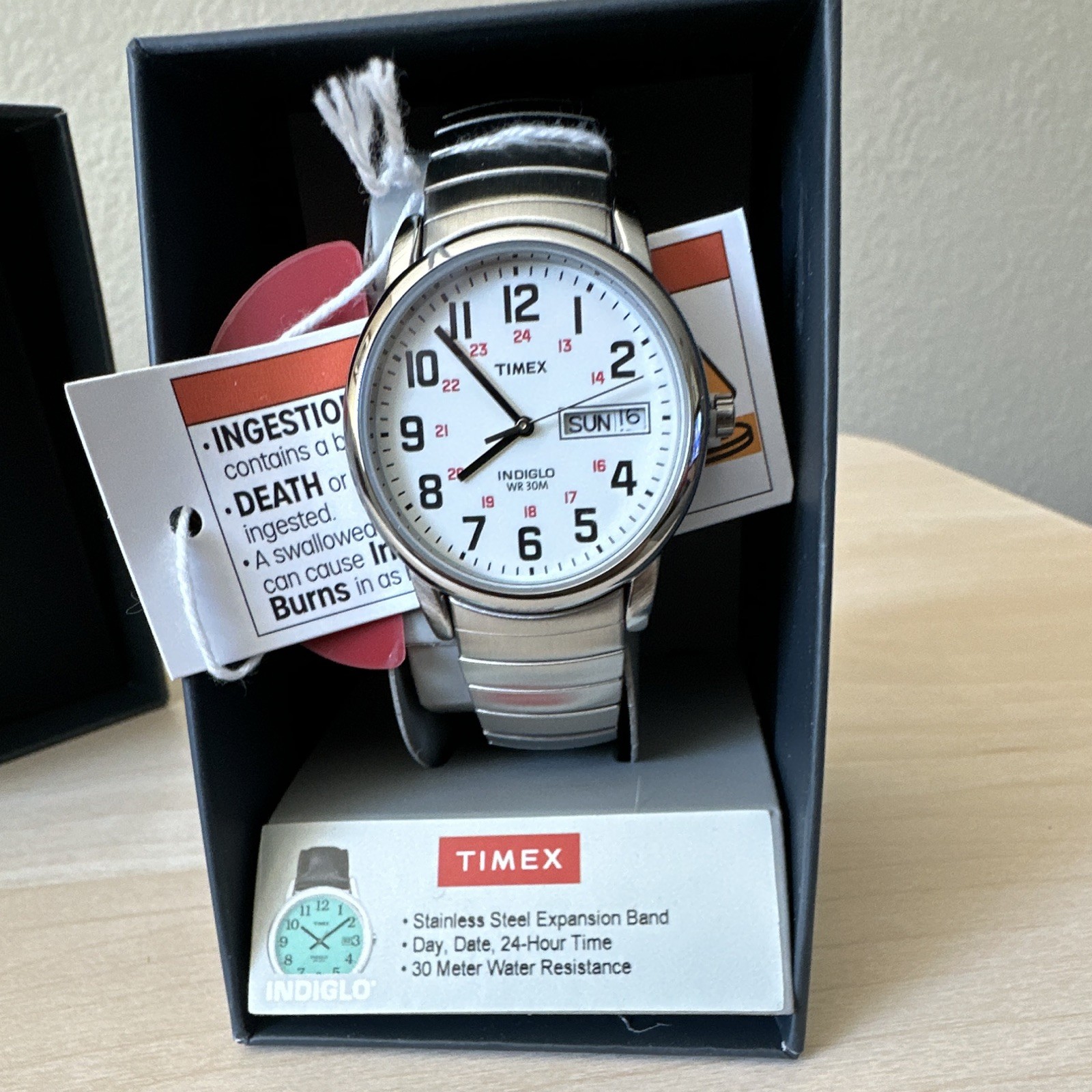 Timex Timecenter Indiglo Quartz White Dial Day-Date 24-Hour SS Expansion 30m